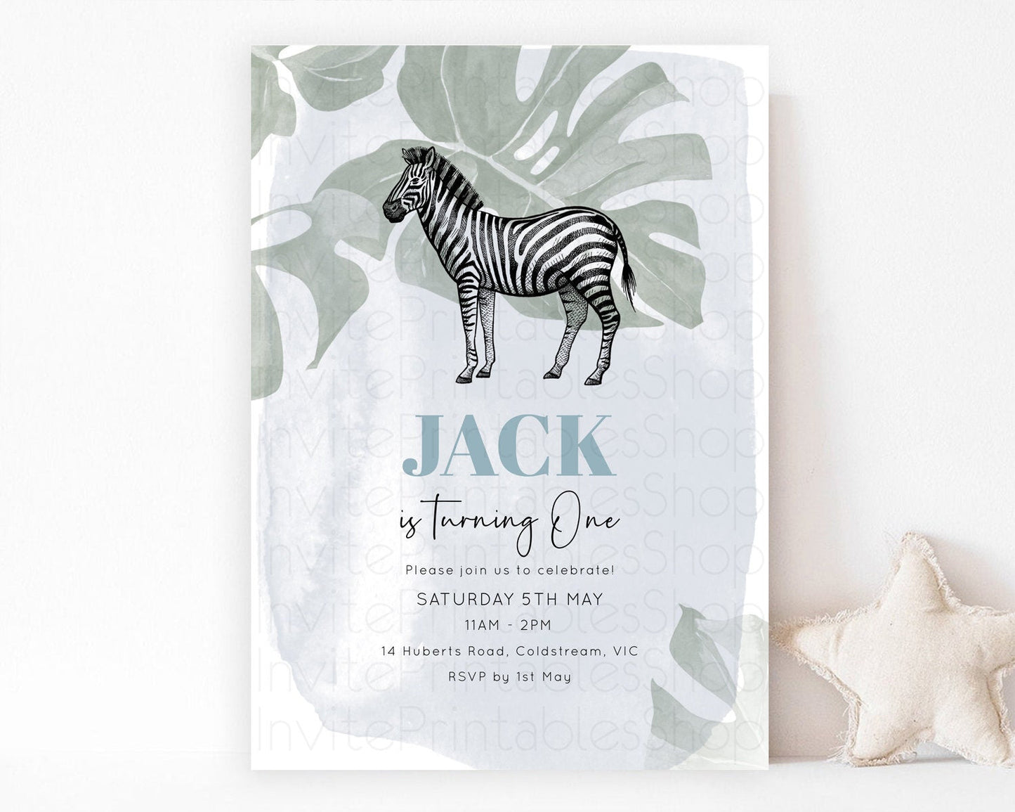 Zebra Birthday Invitation Zebra Invite Jungle Safari invite Watercolor Tropical Palm Invite Adventure Zoo Party Wild Animal Party D10814