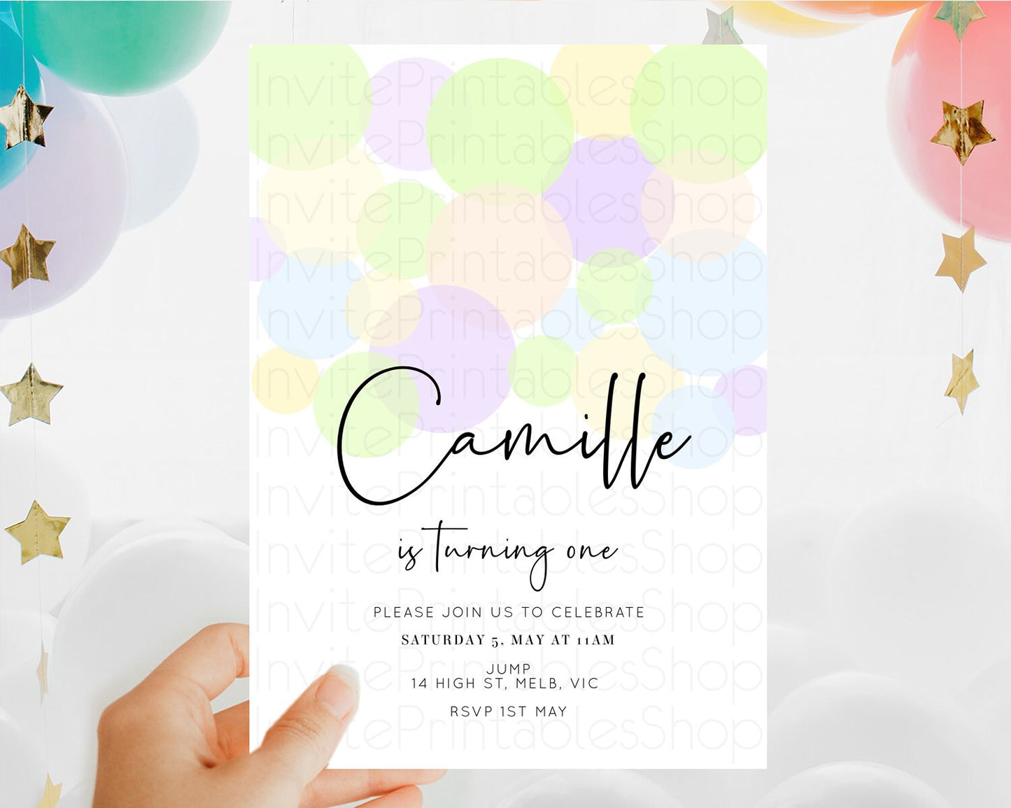 Pastel Birthday Invitation Pastel Confetti Birthday Invitation Bubbles Invitation Colorful Rainbow Confetti 2nd 1st First Birthday D10228