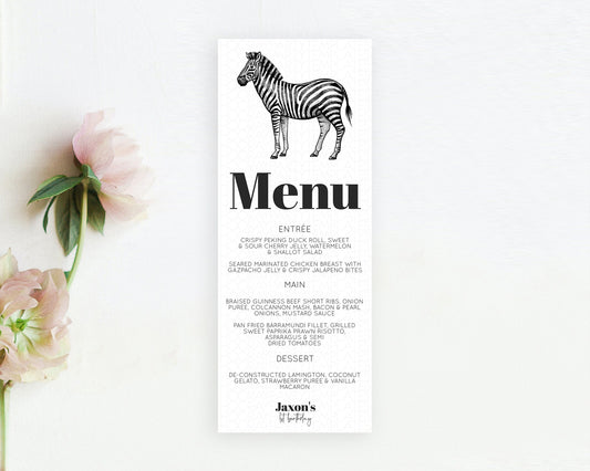 Zebra Menu Zebra Menu Template Zebra Party Table Decor Safari Adventure Decor Zebra Dinner Dessert Menu Party Food Menu D10249