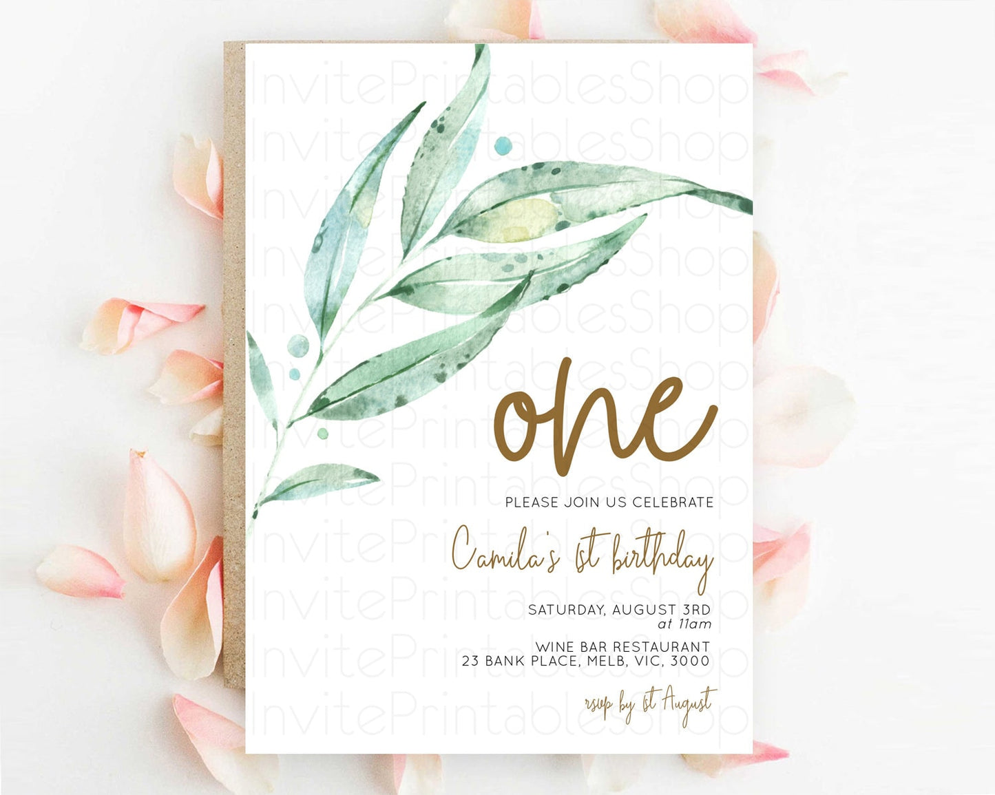 Leafy Birthday Invitation Leafy Invitation Simple Greenery Invitation Eucalyptus Fern Spray Leaves Minimal Green Leaf Watercolour D11014