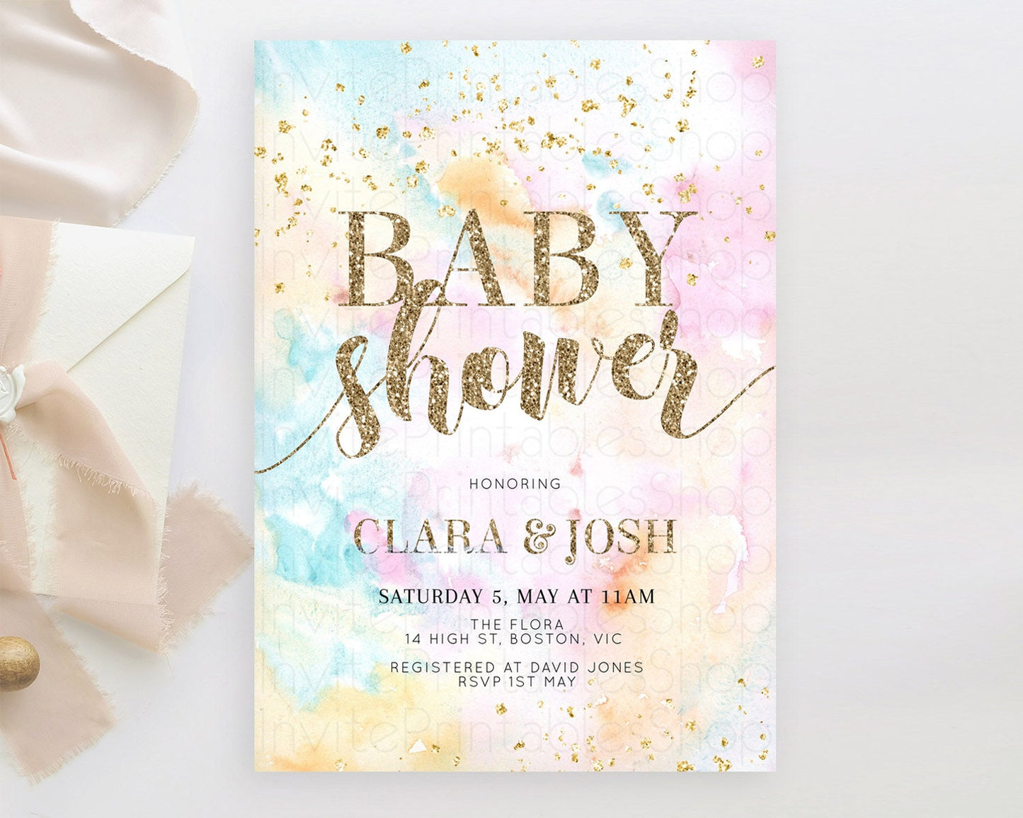 Pastel Baby Shower Invitation Rainbow Baby Shower Invitation Colorful Pastel Watercolor Invitation Gold Glitter Sprinkles Ombre D10548