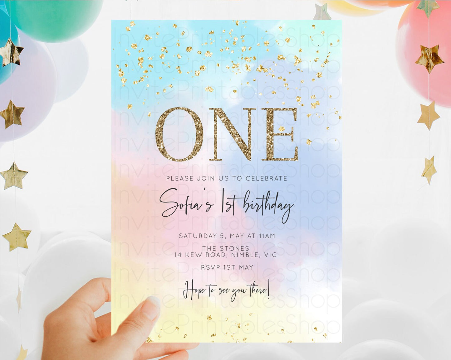 Rainbow Birthday Invitation Colorful Pastel Watercolor Invitation Gold Glitter Sprinkles Ombre Pastel 1st 2nd 3rd Birthday D10368