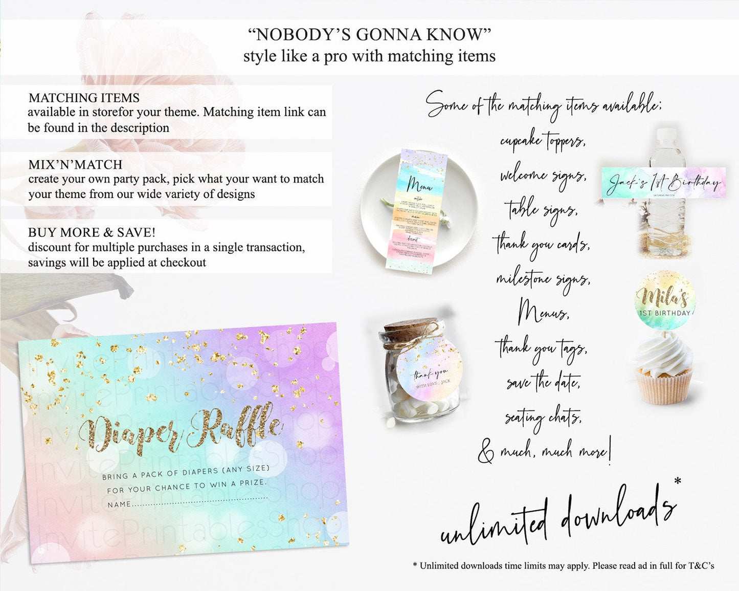 Pastel Diaper Raffle Card Pastel Rainbow Diaper Raffle Insert Colorful Ombre Watercolor Diaper Ticket Confetti Glitter Raffle Game D10621