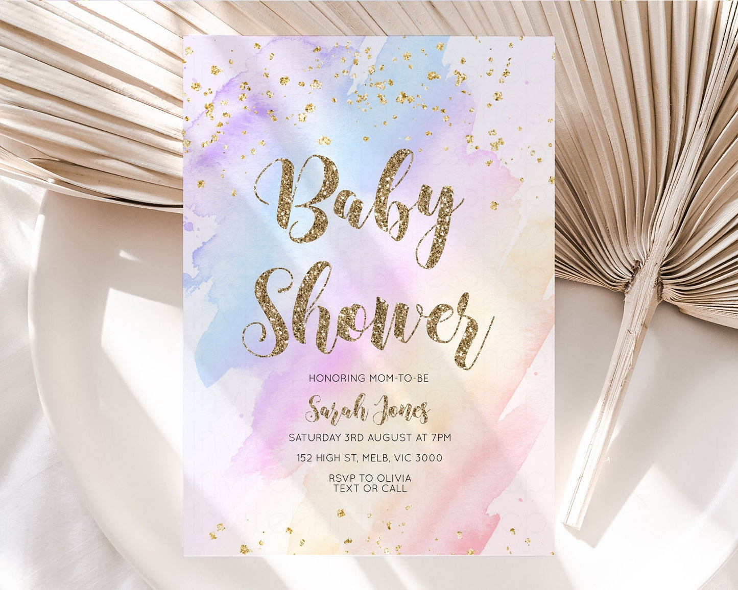 Rainbow Baby Shower Invitation Pastel Baby Shower Invitation Watercolor Ombre Invitation Rainbow Pastel Colors Invite Glitter Confetti g600