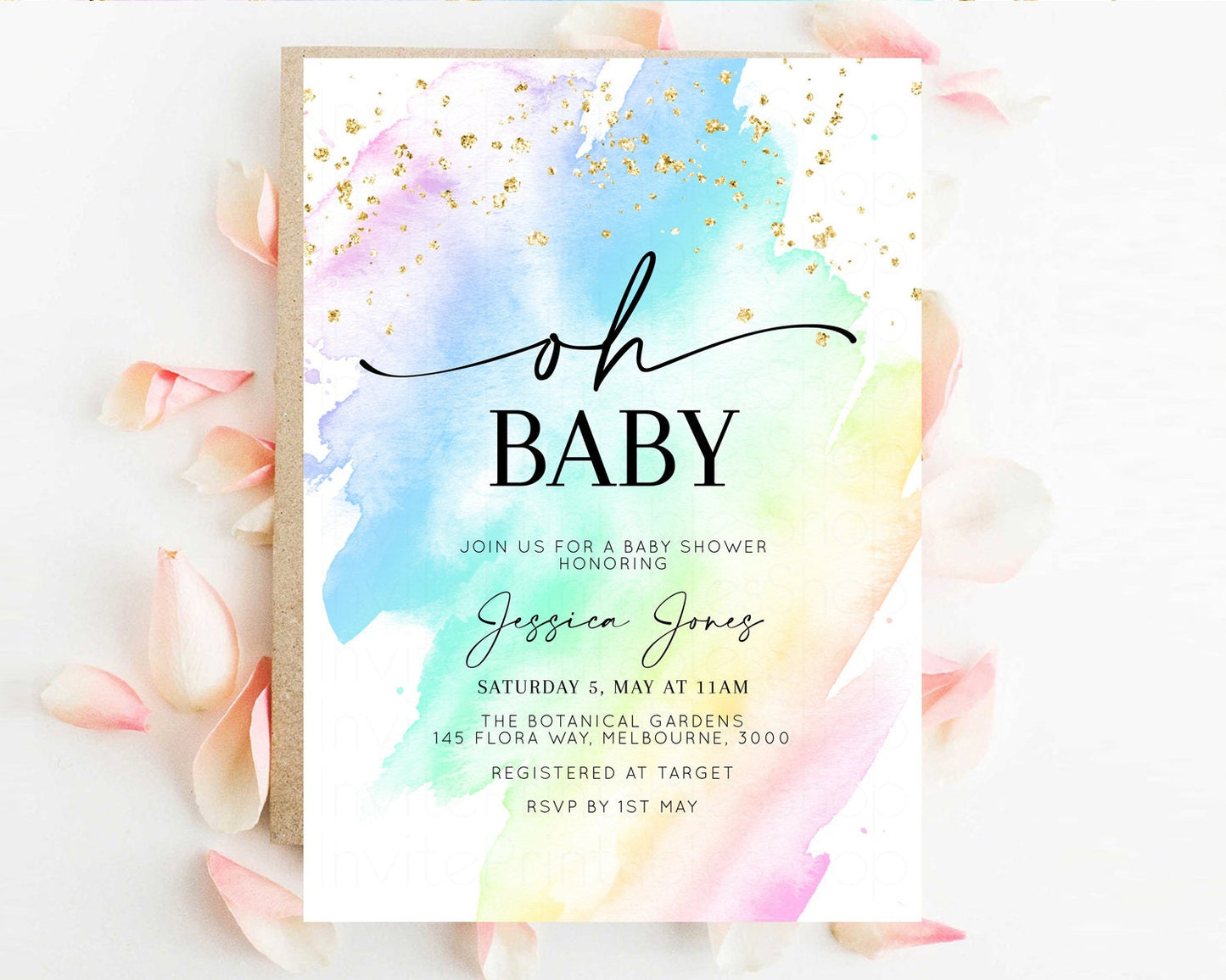 Rainbow Baby Shower Invitation Pastel Baby Shower Invitation Watercolor Ombre Invitation Rainbow Pastel Colors Invite Glitter Confetti t601