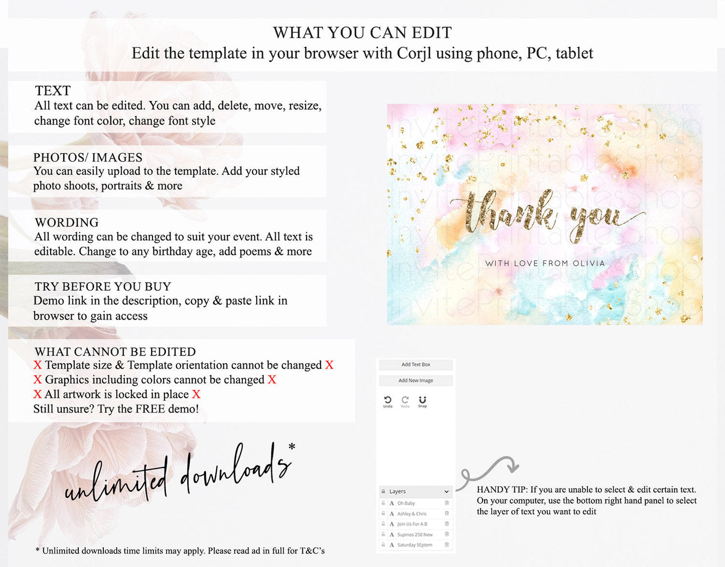 Pastel Thank You Rainbow Thank You Card Colorful Pastel Birthday Thank You Card Confetti Watercolor Pastel Teacher Thank You Cards D10548