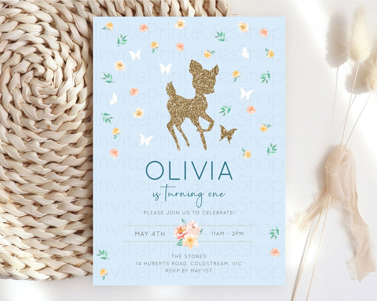 Fawn Birthday Invitation Deer Birthday Invitation Enchanted Forest Party Butterfly Pastel Flowers Whimsical 2nd 1st First Birthday D10902