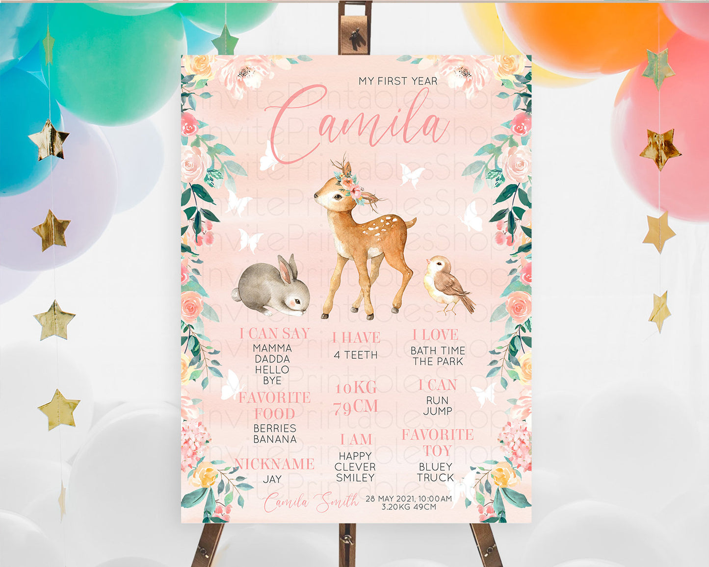 Fawn First Birthday Milestone Board Deer First Birthday Milestone Poster Enchanted Forest Butterfly Pastel Flowers 1st Birthday Sign D10921