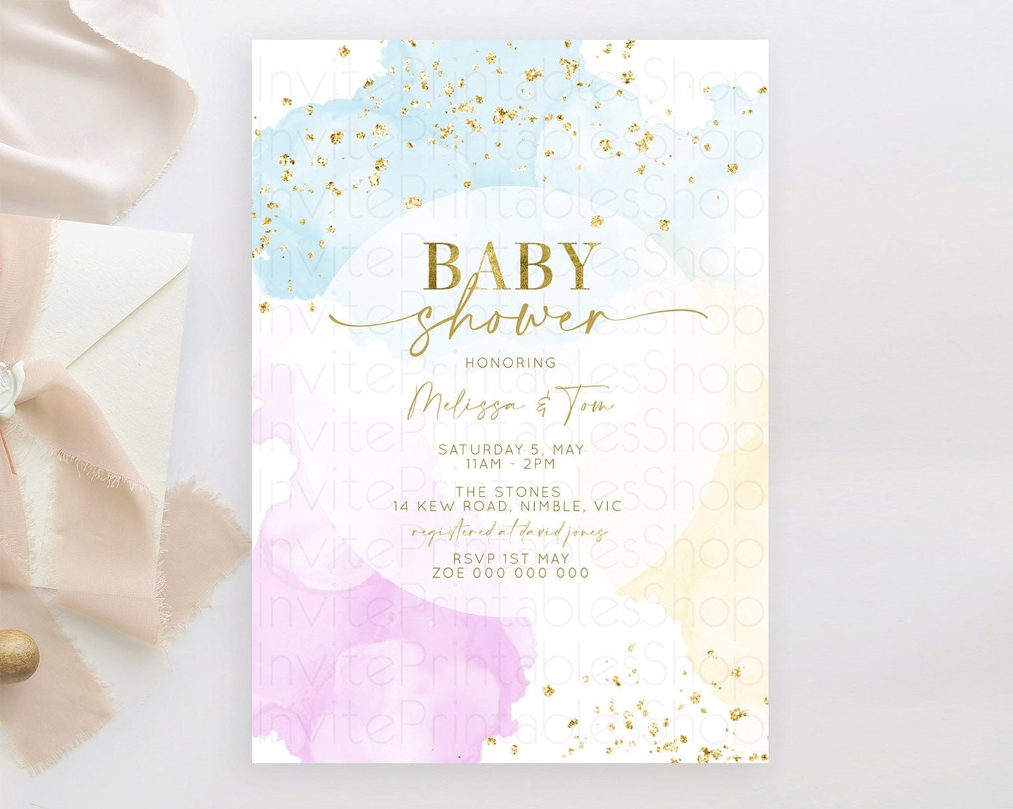 Pastel Rainbow Baby Shower Invitation, Colorful Watercolor with Gold Glitter Sprinkles - Pink, Blue, Yellow Cloud Theme Gender Reveal D10204