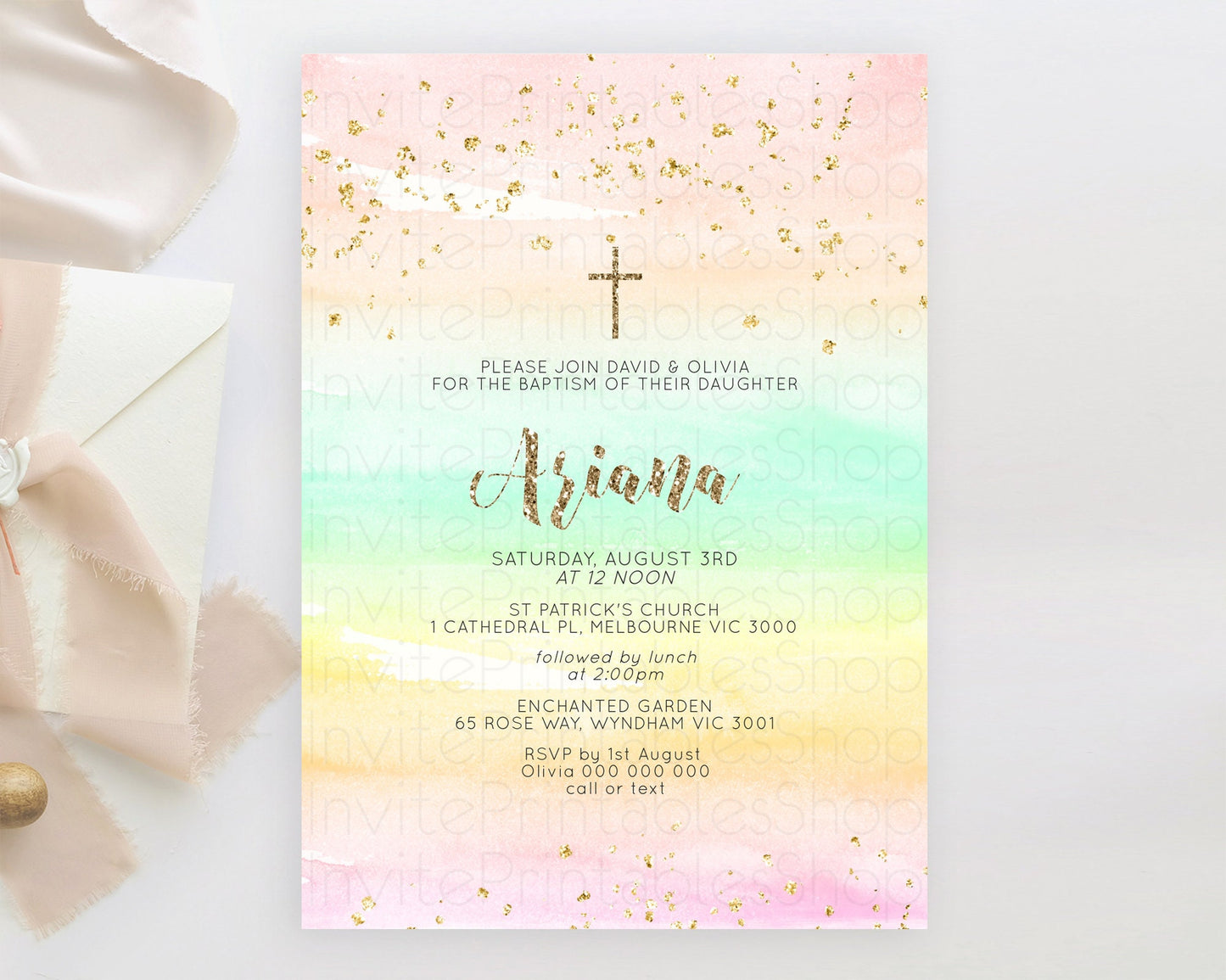 Pastel Baptism Invitation Pastel Colors Watercolor Baptism 1st Birthday Party Gold Ombre Pastel Rainbow Christening Holy Communion D10592