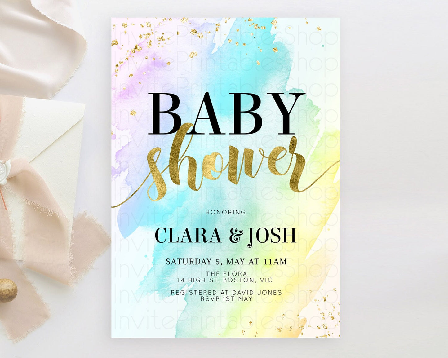 Pastel Baby Shower Invitation Rainbow Baby Shower Invitation Colorful Pastel Watercolor Invitation Gold Glitter Sprinkles Ombre D11026