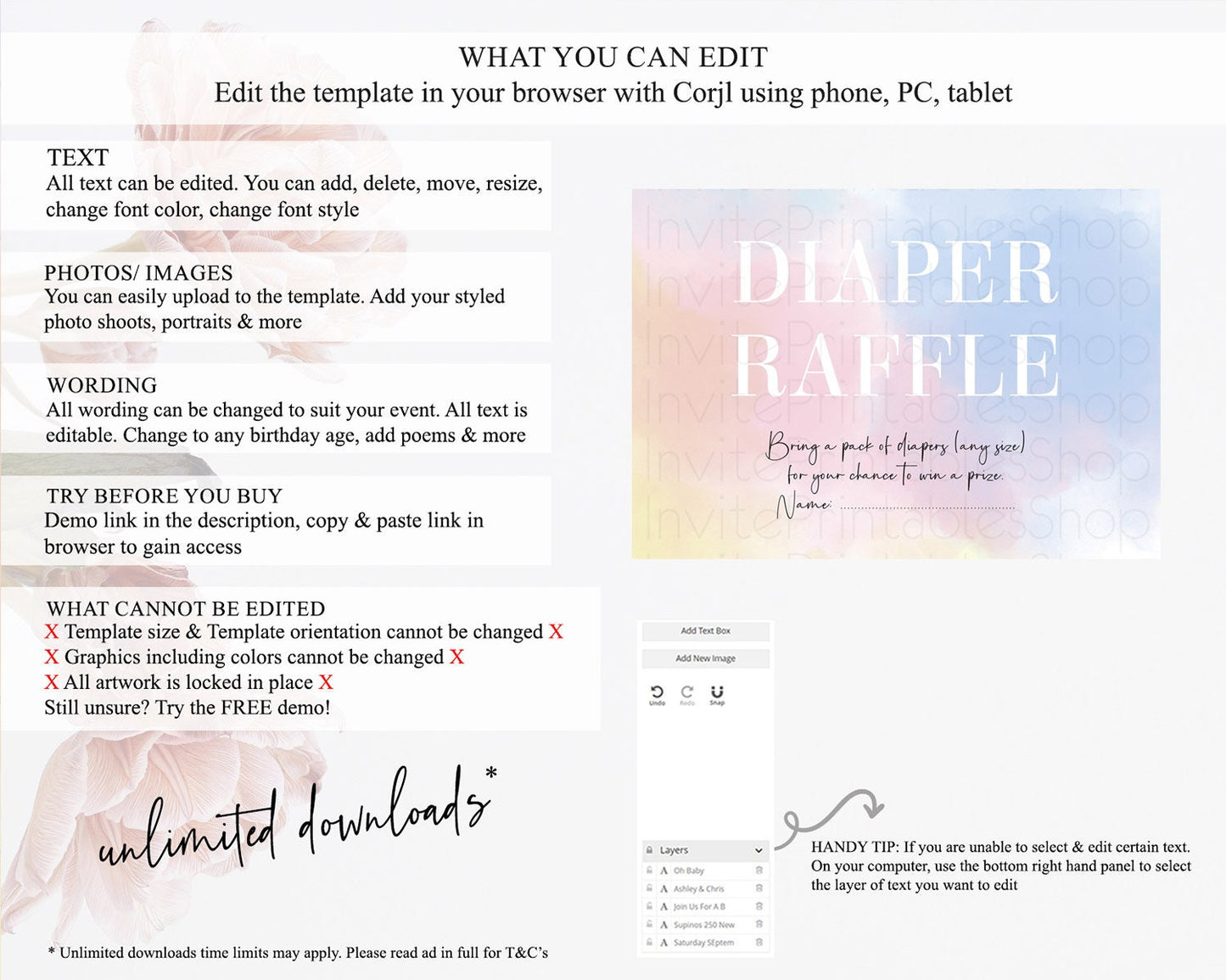 Pastel Diaper Raffle Card Pastel Rainbow Diaper Raffle Insert Colorful Ombre Watercolor Diaper Ticket Confetti Glitter Raffle Game D10373