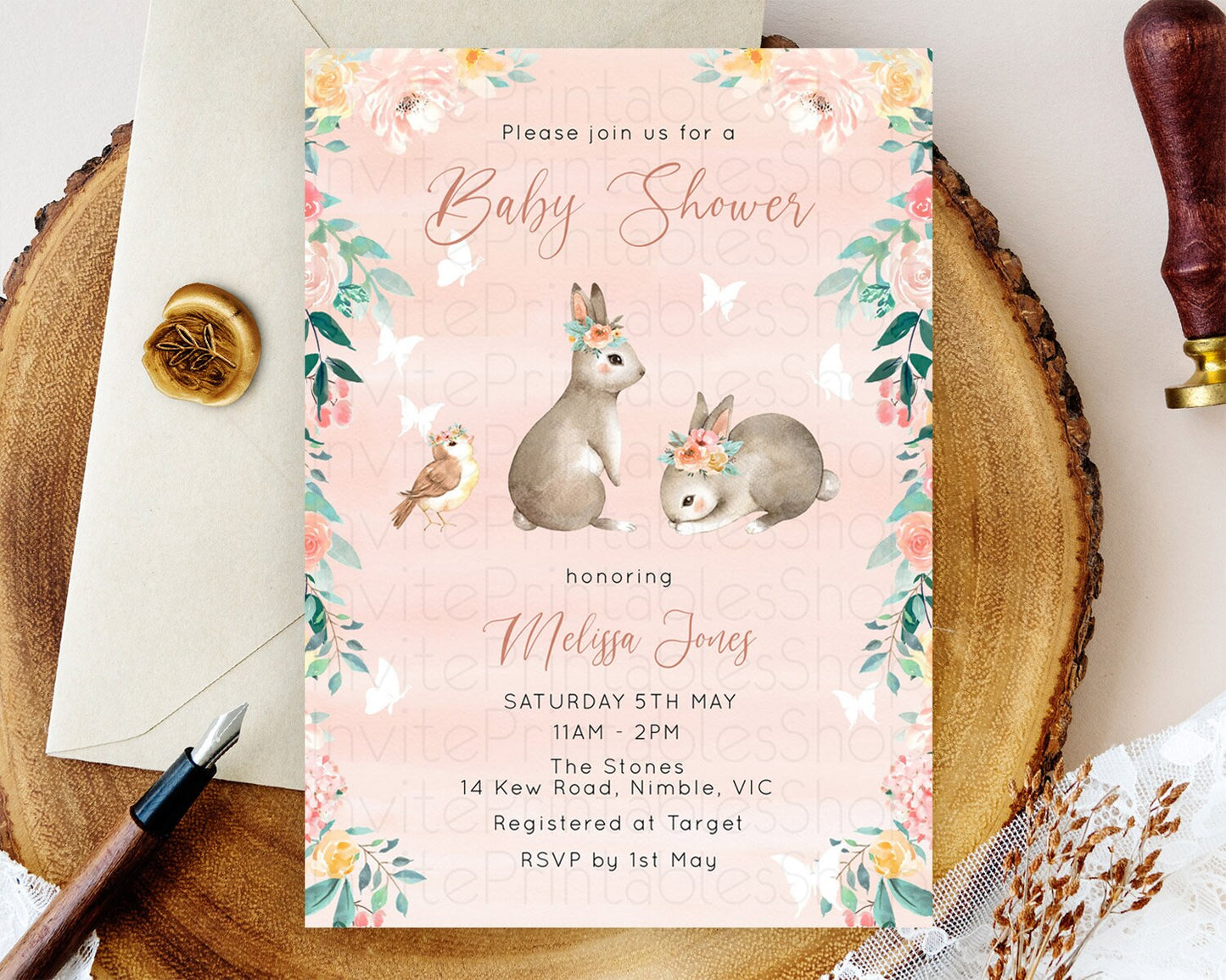 Bunny Baby Shower Invitation Enchanted Forest Invitation Secret Garden Pastel Floral Rabbit Butterfly Forest Bunny Woodland Theme D10922