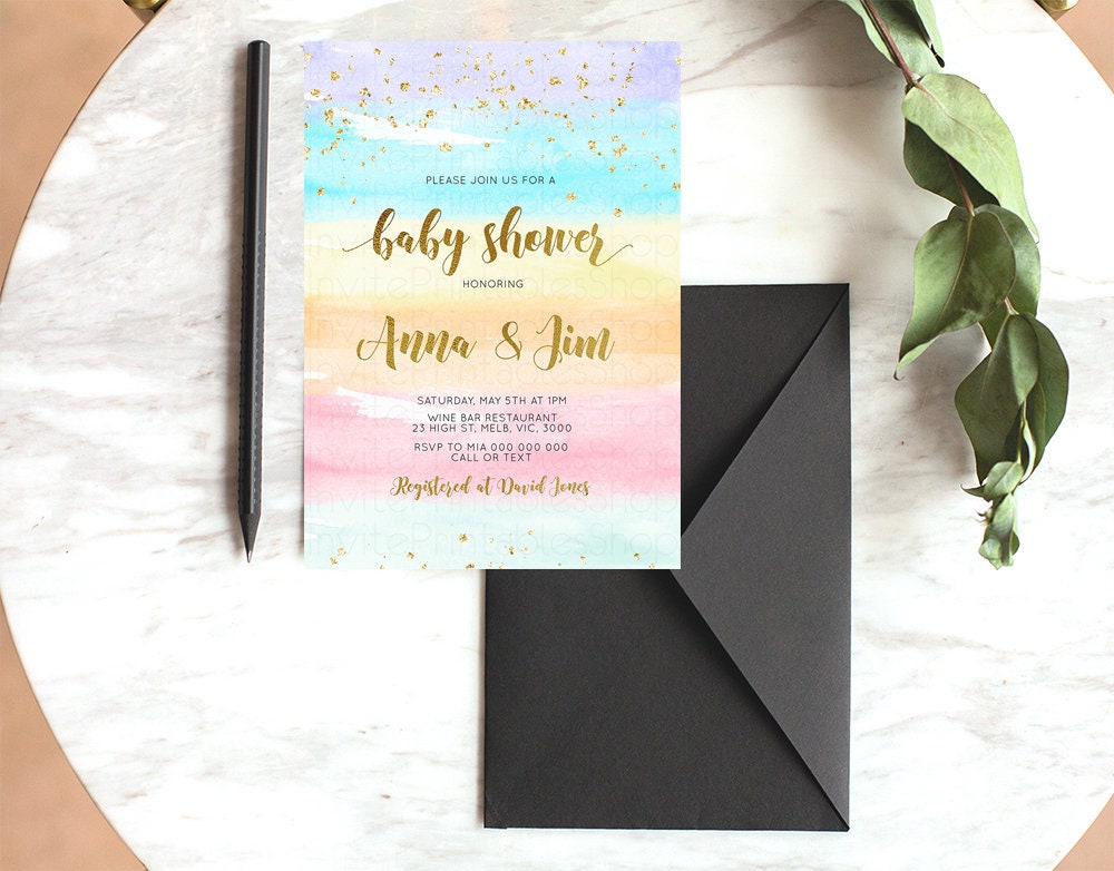 Rainbow Baby Shower Invitation Pastel Watercolor Invitation Colorful Splash Invite Gold Sprinkle Invite Gold Glitter Invite Confetti 525