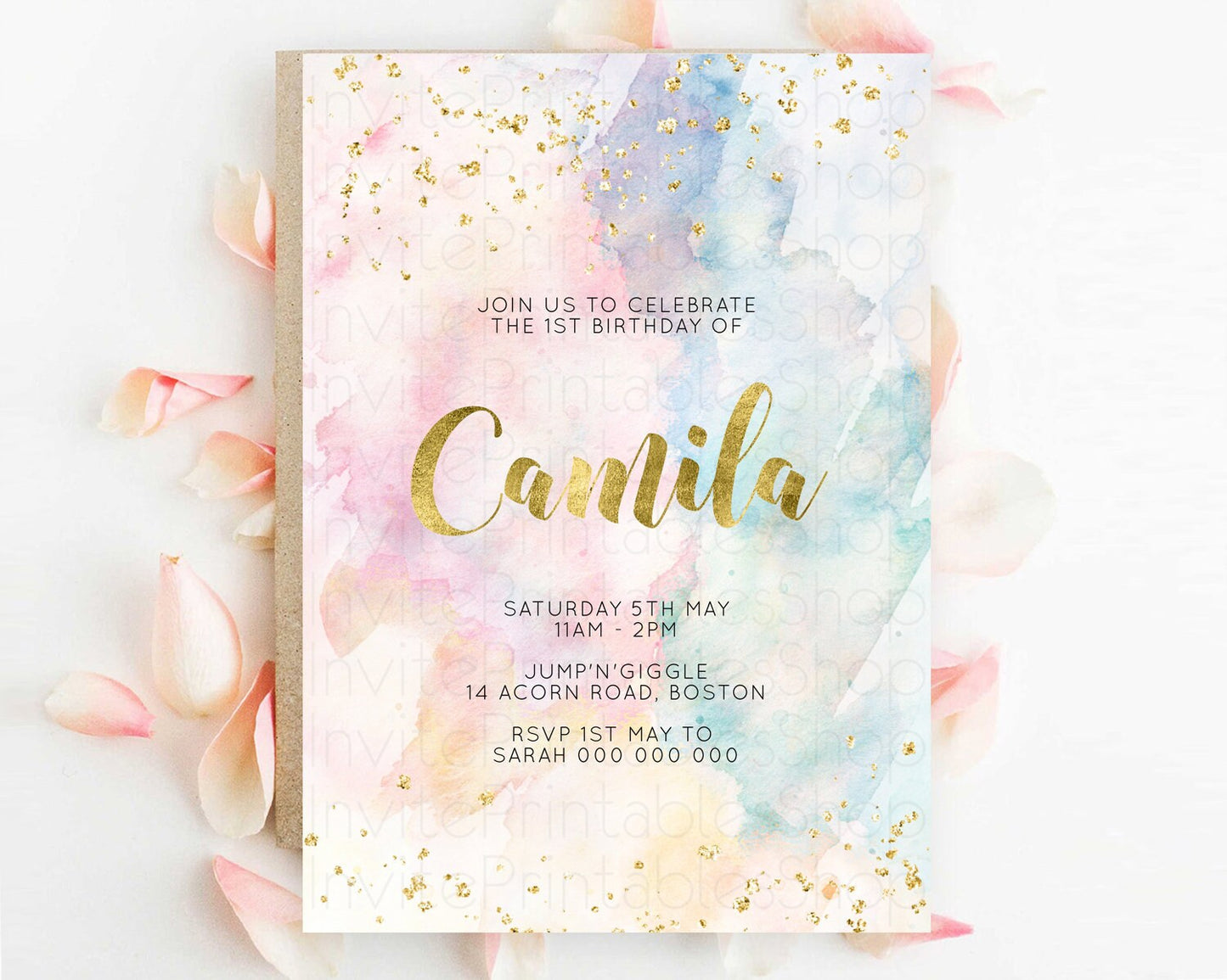 Rainbow Birthday Invitation Colorful Pastel Watercolor Invitation Gold Glitter Sprinkles Ombre Pastel 1st 2nd 3rd Birthday D10265