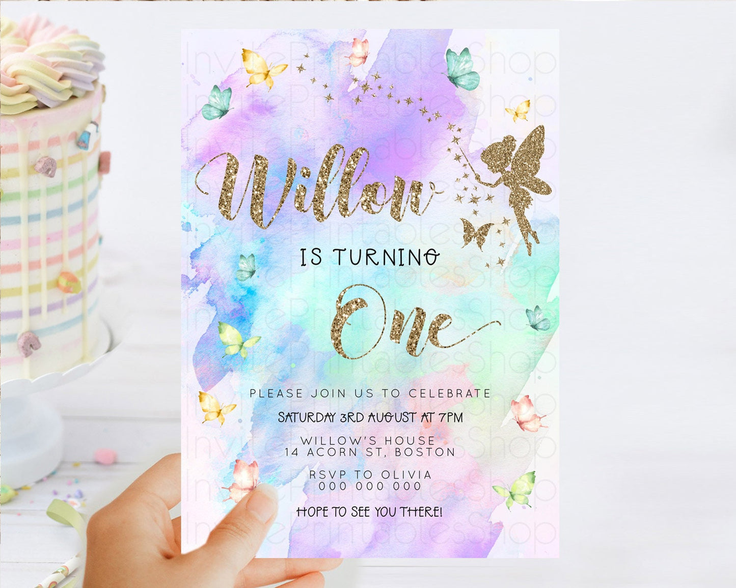 Pastel Fairy Birthday Invitation Pastel Butterflies Fairy Birthday Invitation Rainbow Ombre Watercolor 1st 2nd Birthday Invitation D23338