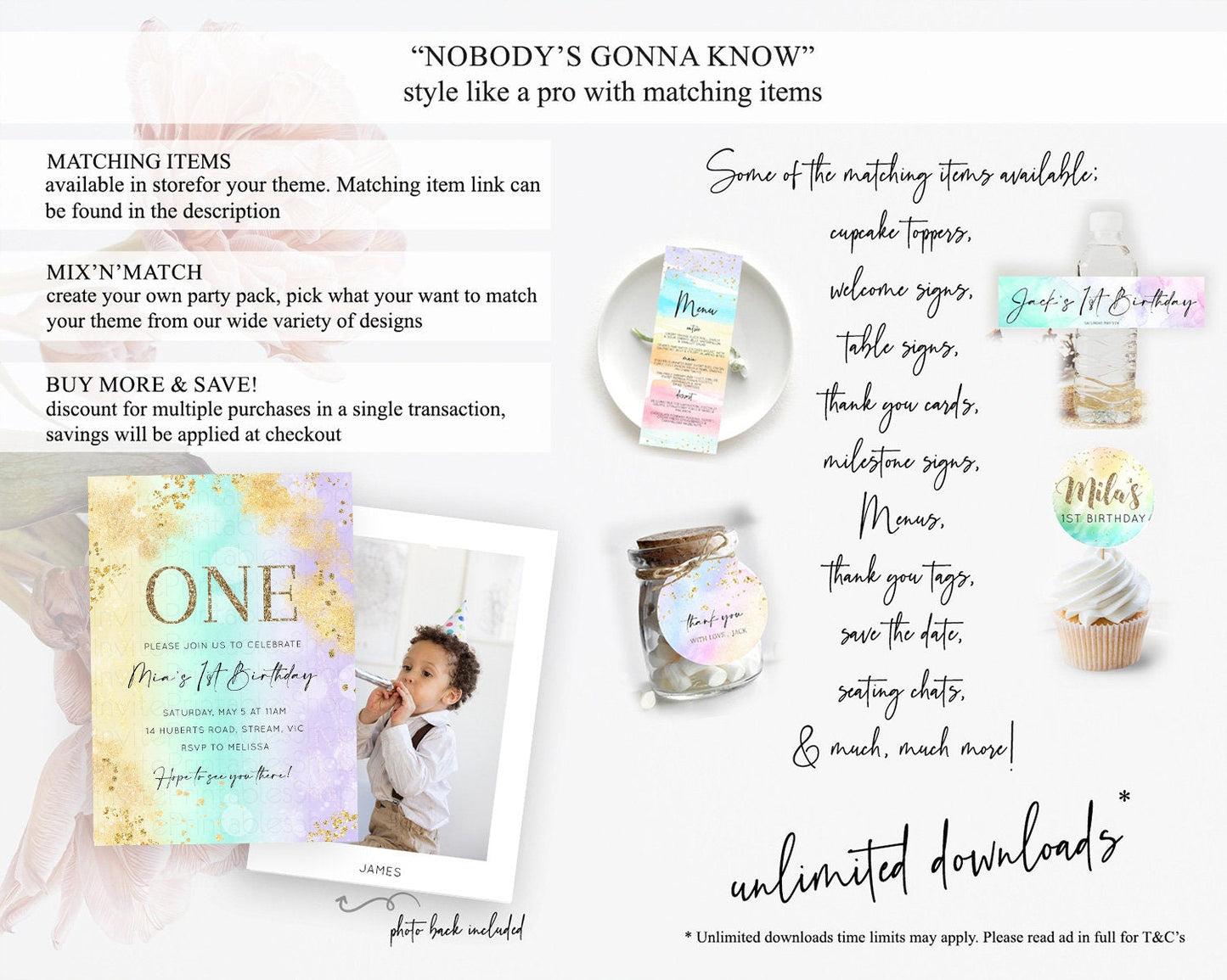 Rainbow Birthday Invitation Colorful Pastel Watercolor Invitation Gold Glitter Sprinkles Ombre Pastel 1st 2nd 3rd Birthday D10672