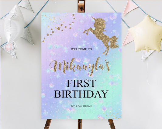 Editable Unicorn Rainbow Birthday Welcome Board Pastel Unicorn Welcome Sign