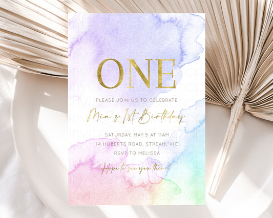 Rainbow Birthday Invitation Pastel Birthday Invite Ombre Watercolor Invite Enchanted Theme Colorful Splash Glitter Sprinkles 1st 2nd 3rd 193