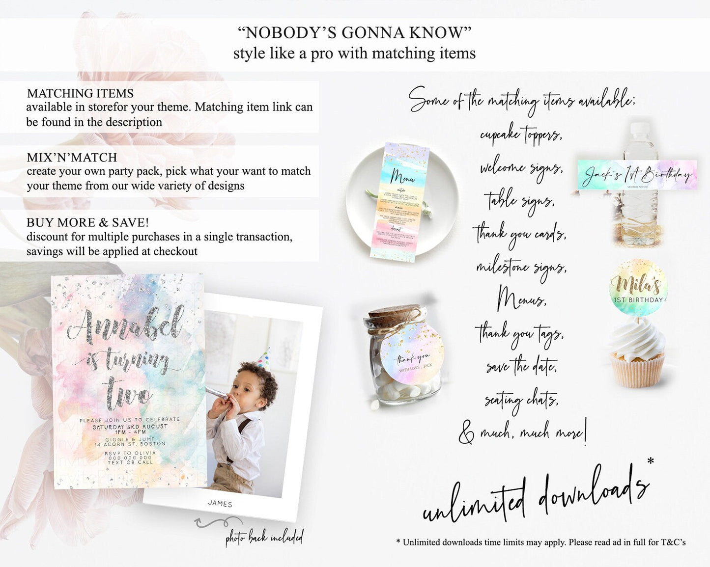 Rainbow Birthday Invitation Colorful Pastel Watercolor Silver Glitter Sprinkles Ombre Pastel Invitation 1st 2nd 3rd First Birthday D10944
