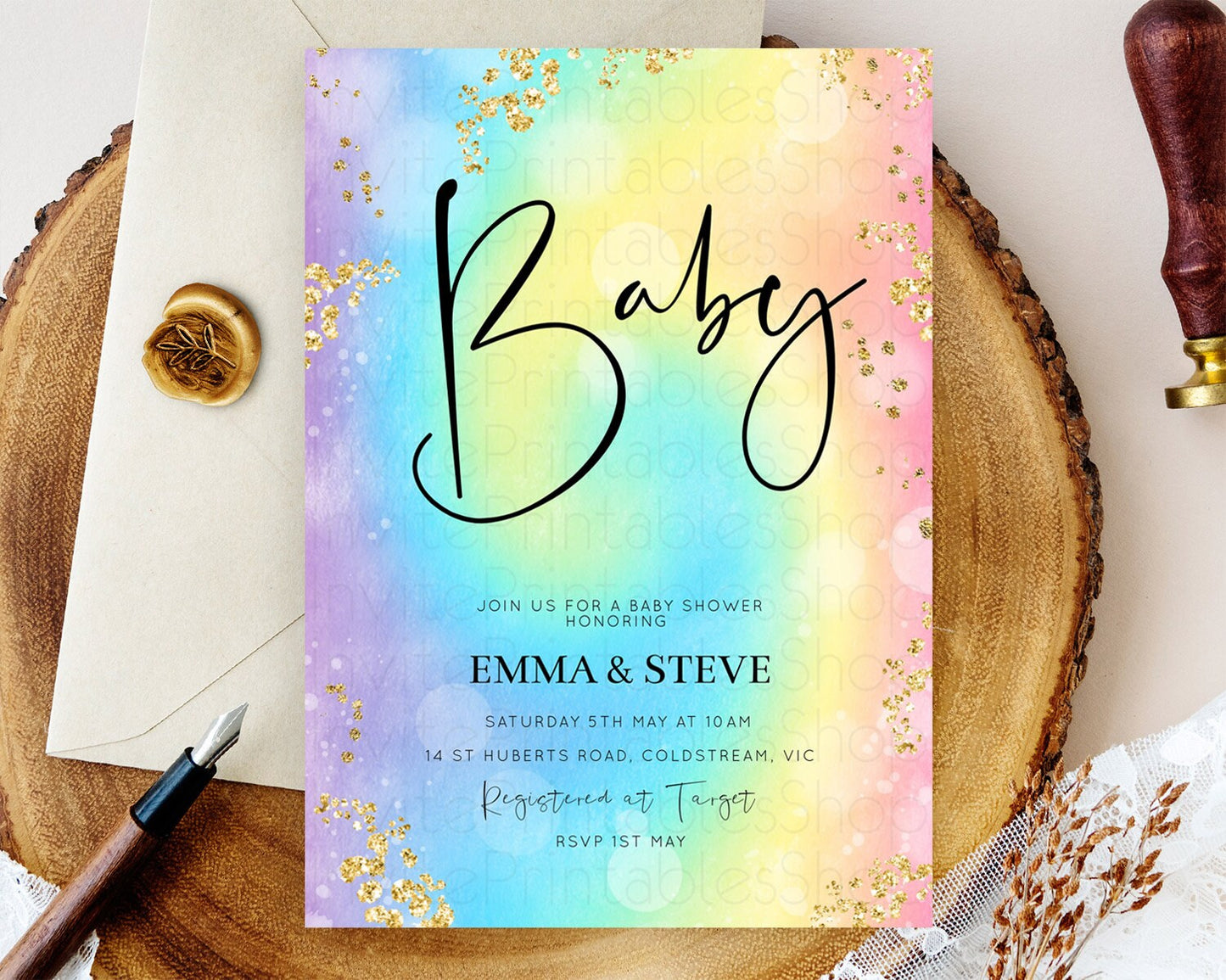 Pastel Baby Shower Invitation Rainbow Baby Shower Invitation Colorful Pastel Watercolor Invitation Gold Glitter Sprinkles Ombre D10568