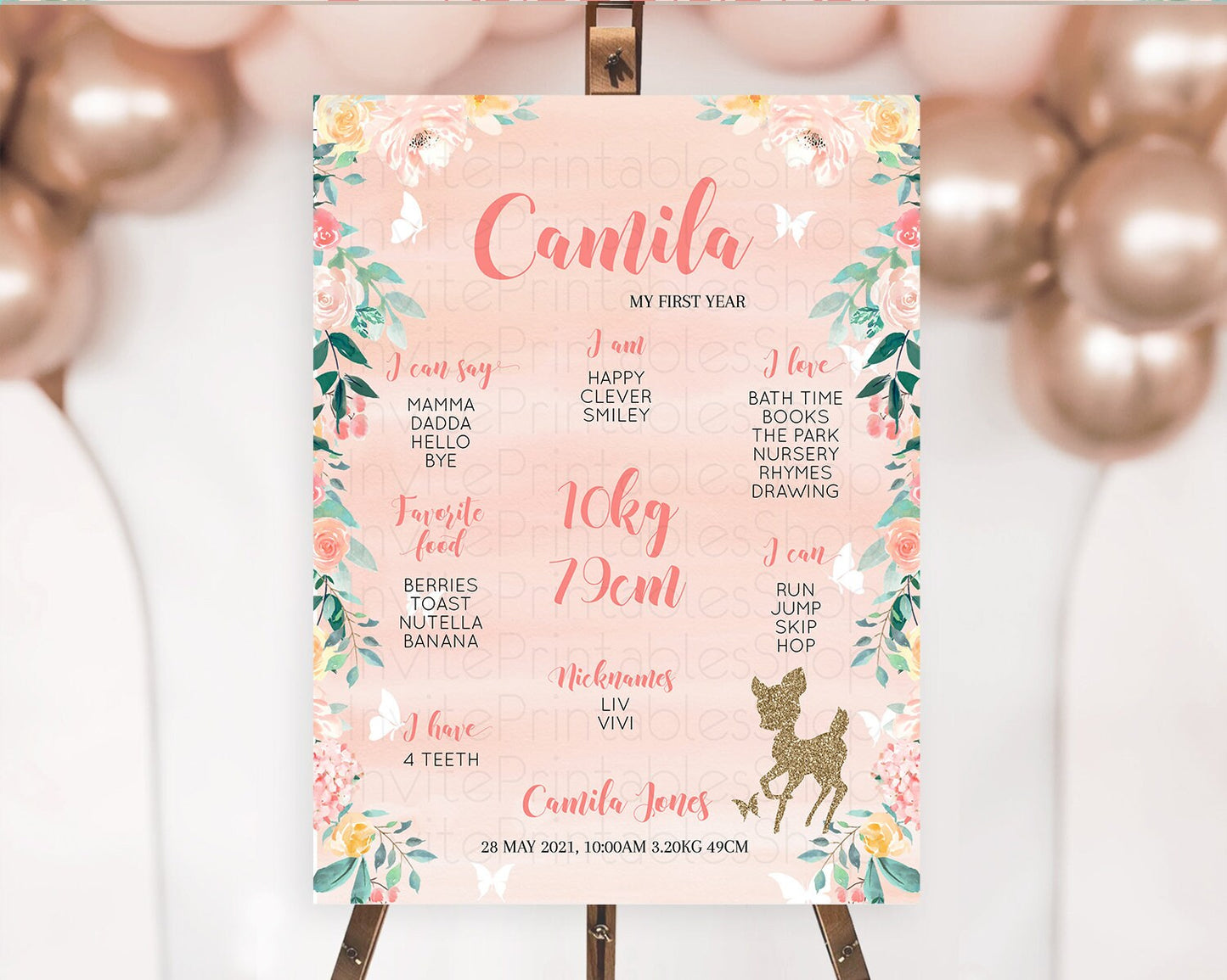 Fawn First Birthday Milestone Board Deer First Birthday Milestone Poster Enchanted Forest Butterfly Pastel Flowers 1st Birthday Sign D10873