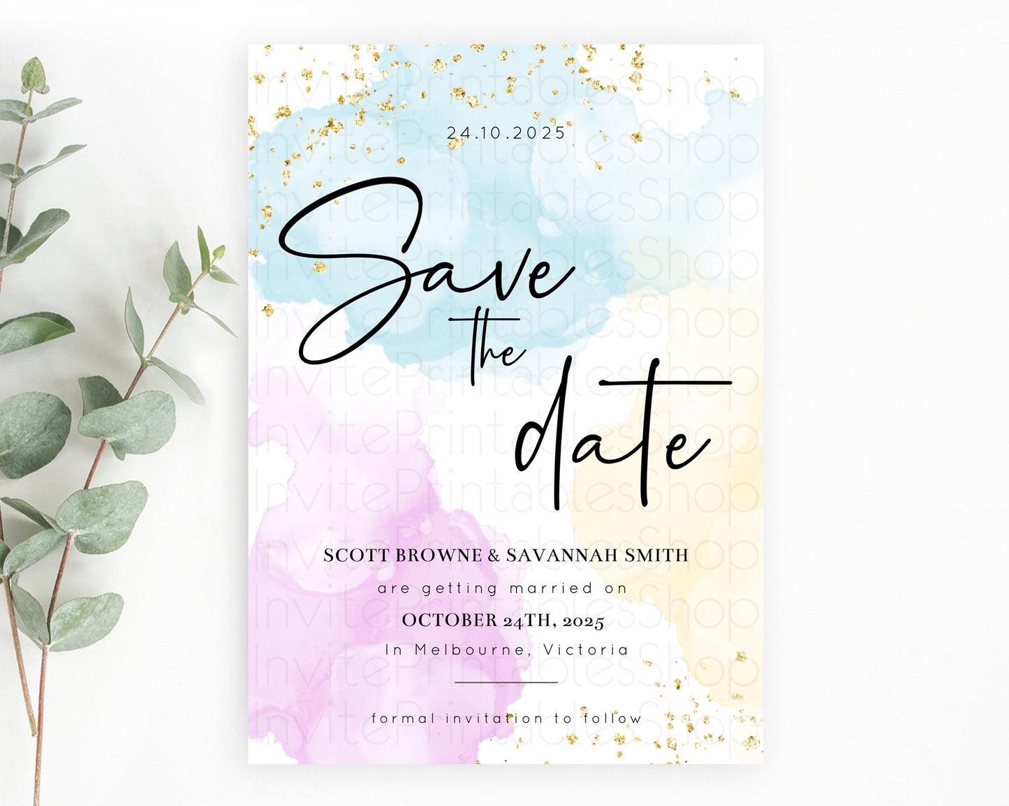 Pastel Save The Date Template Pastel Ombre Rainbow Watercolor Colorful Party For Birthday Baptism Baby Shower Wedding Bridal Shower D10155