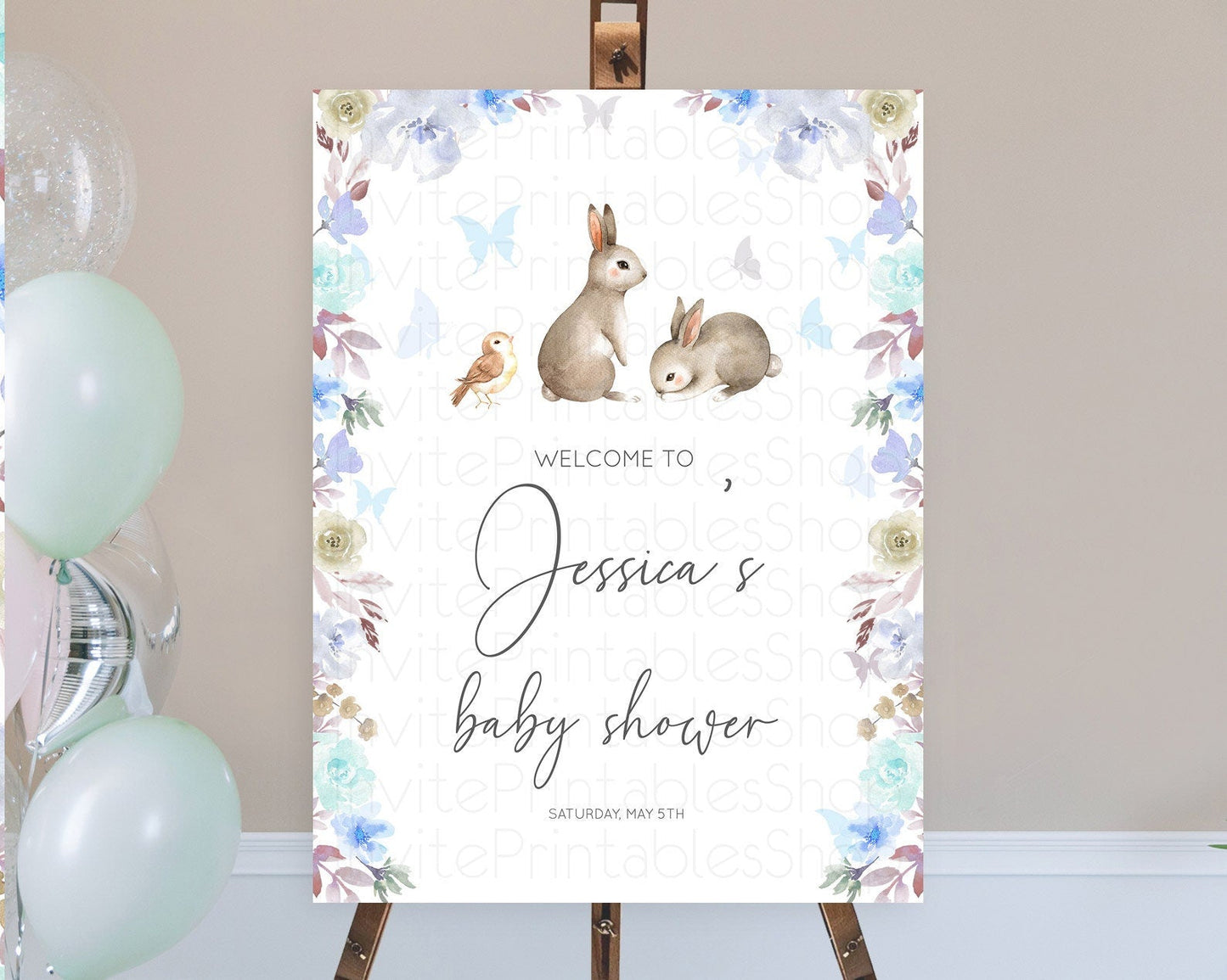 Bunny Baby Shower Welcome Sign Floral Bunny Welcome Board Pastel Flowers Woodland Bunny Welcome Poster Forest Bunny Welcome Sign D10927