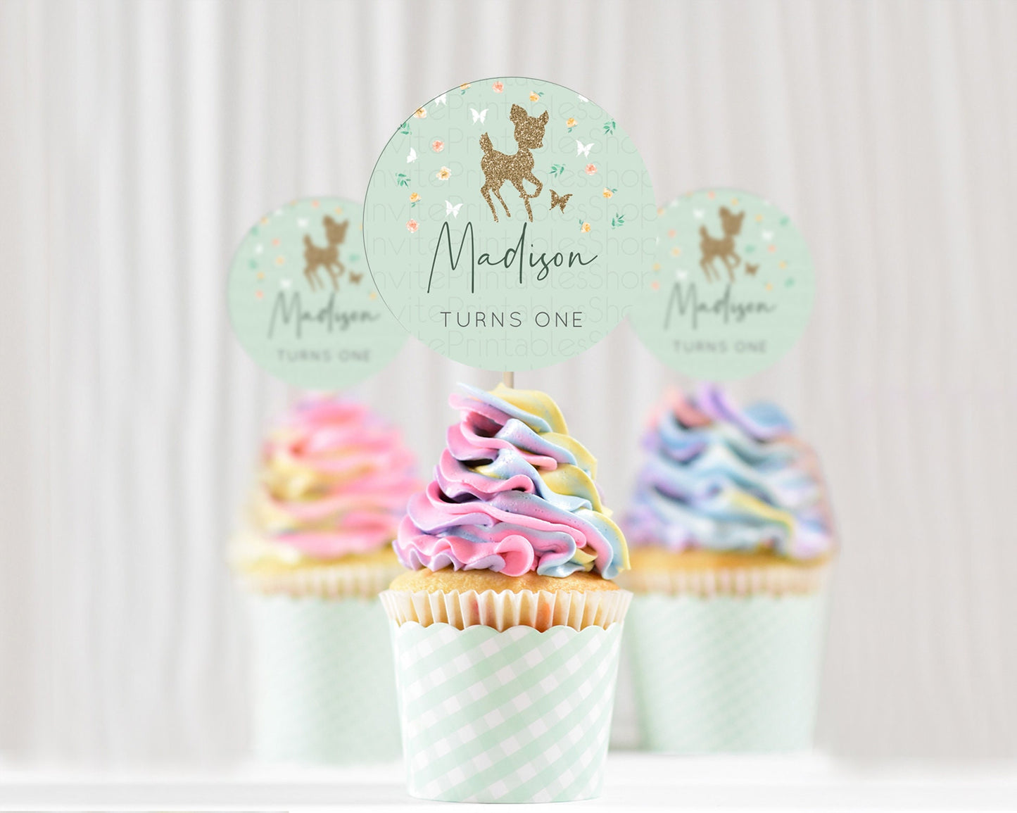 Fawn Cupcake Toppers Deer Cupcake Toppers Enchanted Forest Party Butterfly Pastel Flowers Woofland Cupcake Toppers First Birthday D10385