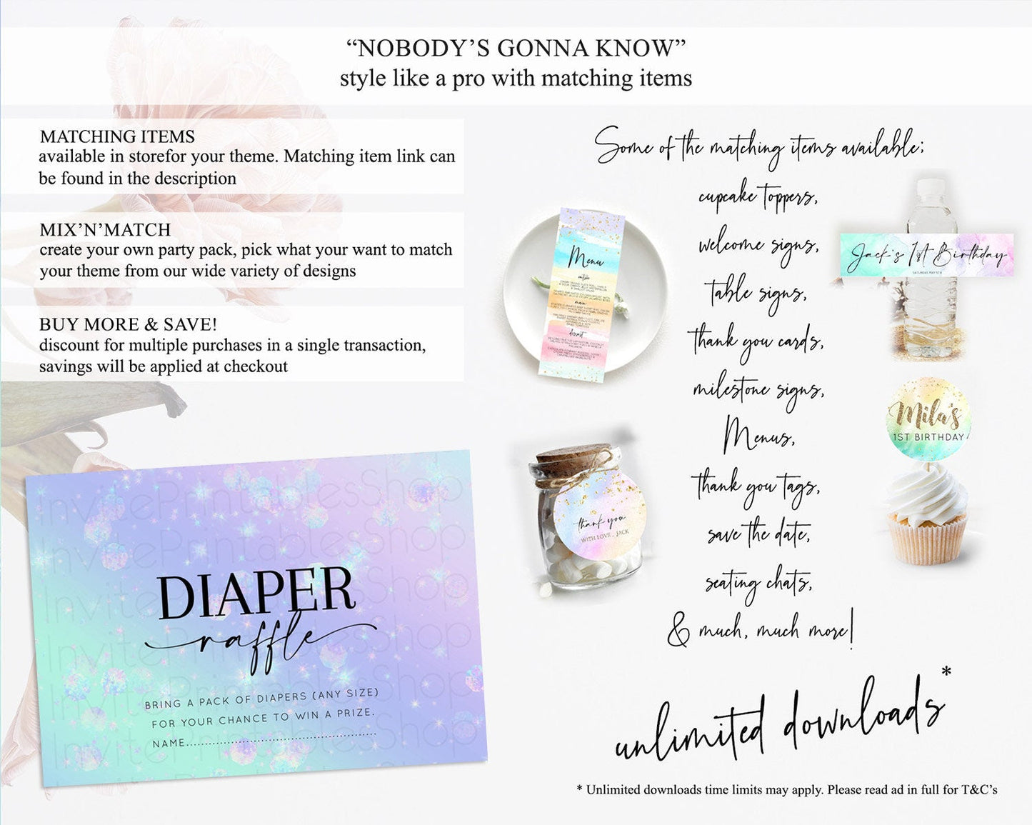 Rainbow Diaper Raffle Card Pastel Diaper Insert Colorful Pastel Watercolor Ombre Diaper Ticket Iridescent Sprinkles Raffle Game D10663