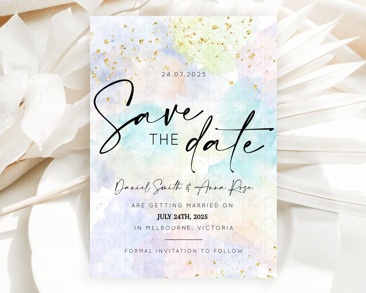 Pastel Save The Date Template Pastel Ombre Rainbow Watercolor Colorful Party For Birthday Baptism Baby Shower Wedding Bridal Shower D10613