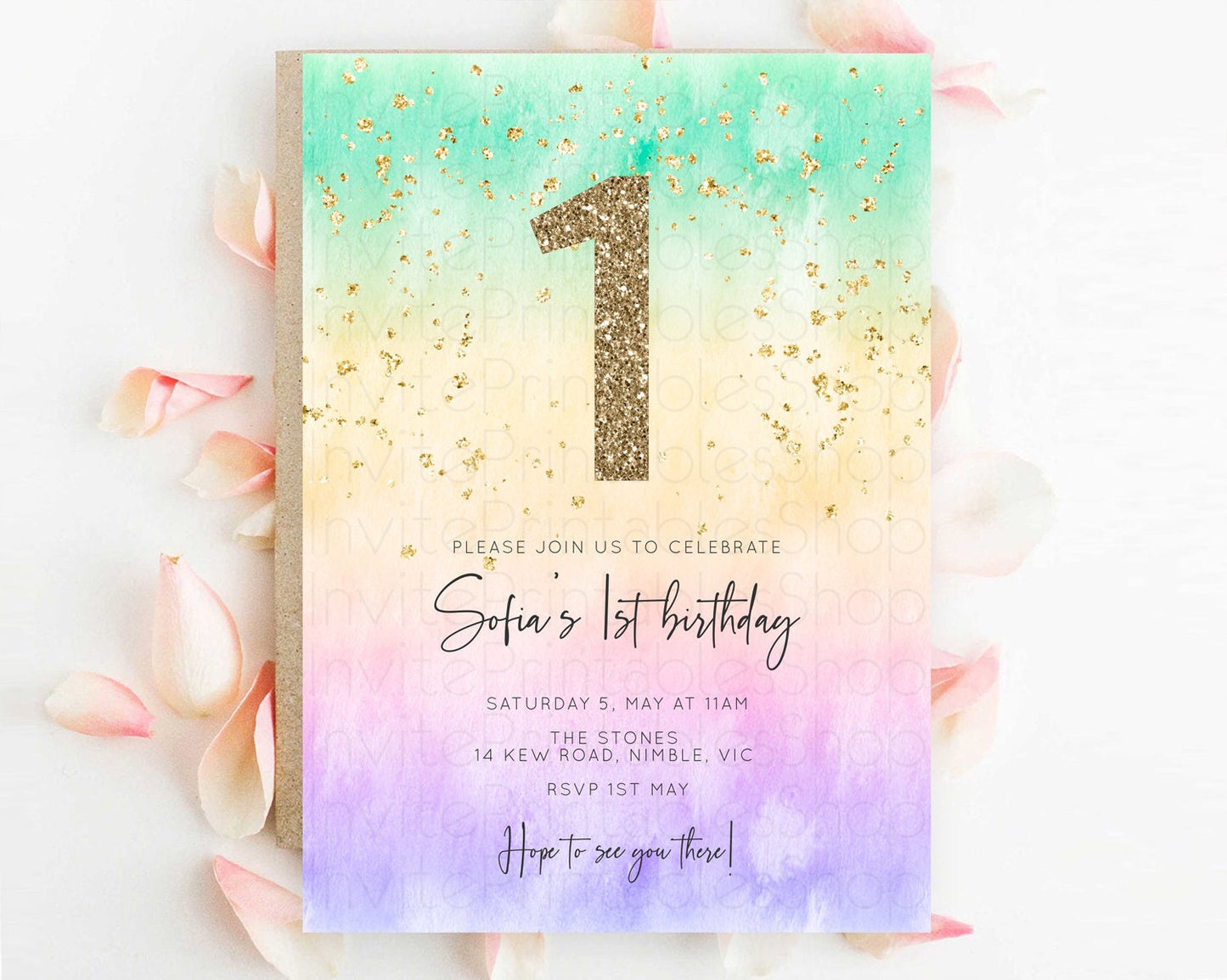 Rainbow Birthday Invitation Colorful Pastel Watercolor Invitation Gold Glitter Sprinkles Ombre Pastel 1st 2nd 3rd Birthday D10485