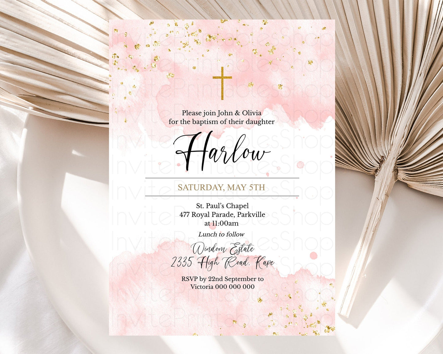 Pink Baptism Invitation Pink Watercolor Baptism 1st Birthday Invitation Pastel Pink Watercolor Christening Invite Pink Splash D10328
