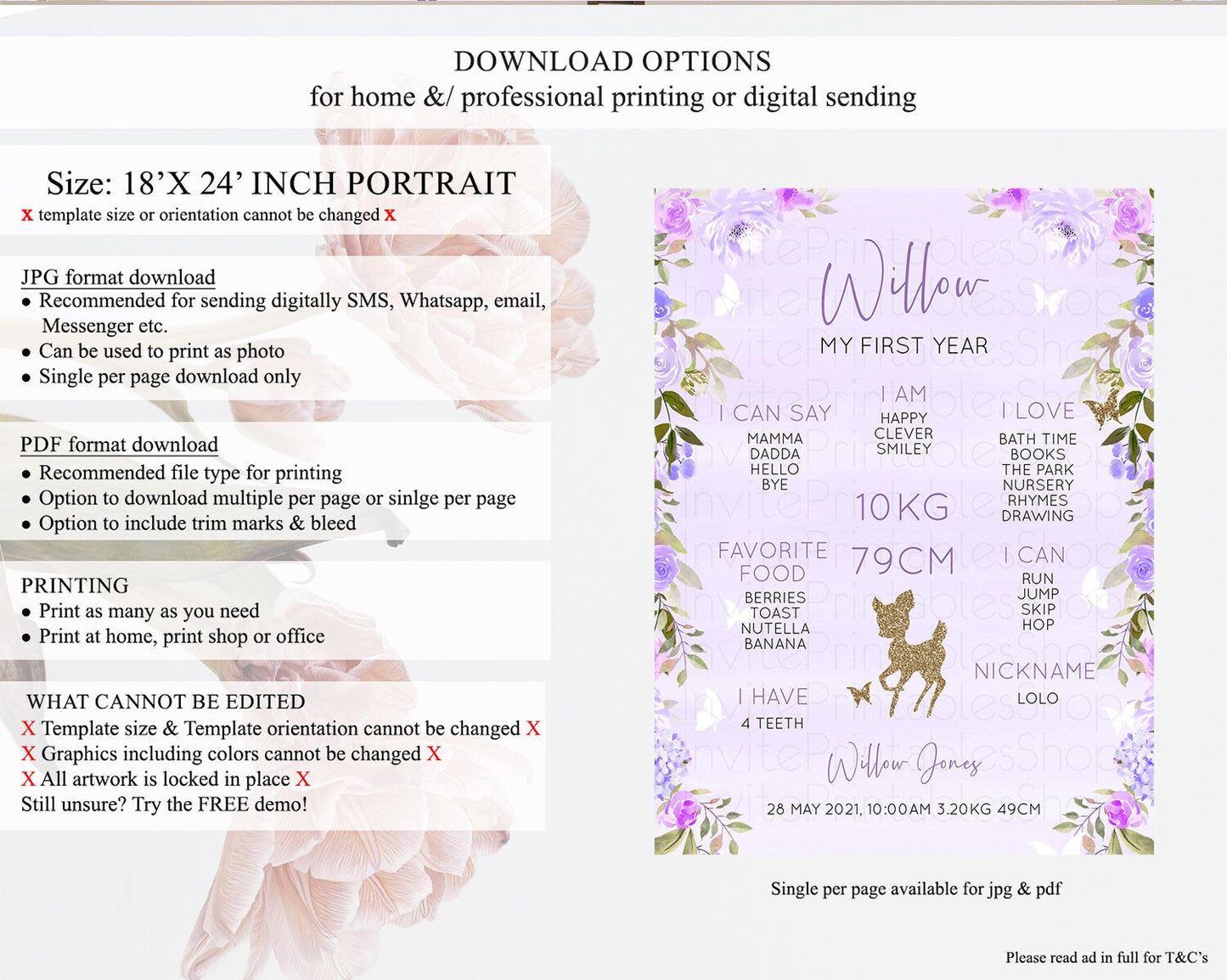 Fawn First Birthday Milestone Board Deer First Birthday Milestone Poster Enchanted Forest Butterfly Pastel Flowers 1st Birthday Sign D10963