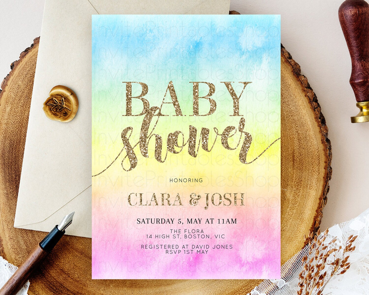 Pastel Baby Shower Invitation Rainbow Baby Shower Invitation Colorful Pastel Watercolor Invitation Gold Glitter Sprinkles Ombre D10479