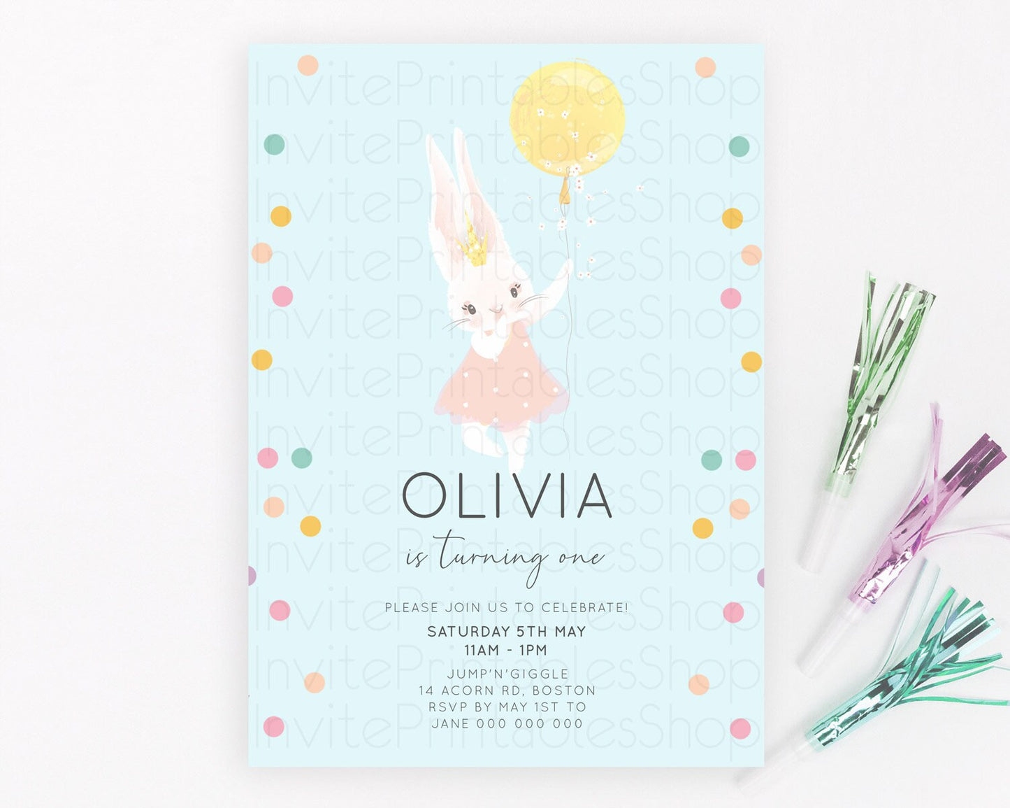 Bunny Birthday Invitation Pastel Bunny Invitation Bunny Balloon Invites Pastel Confetti Balloon Bunny Invites 2nd 1st First Birthday 199v3