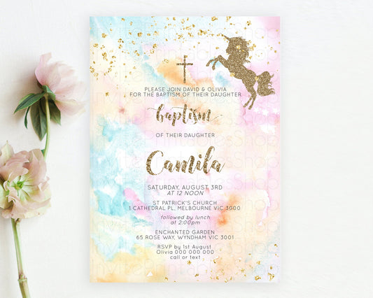 Editable Unicorn Rainbow Baptism Invitation Pastel Baptism Birthday Invitati