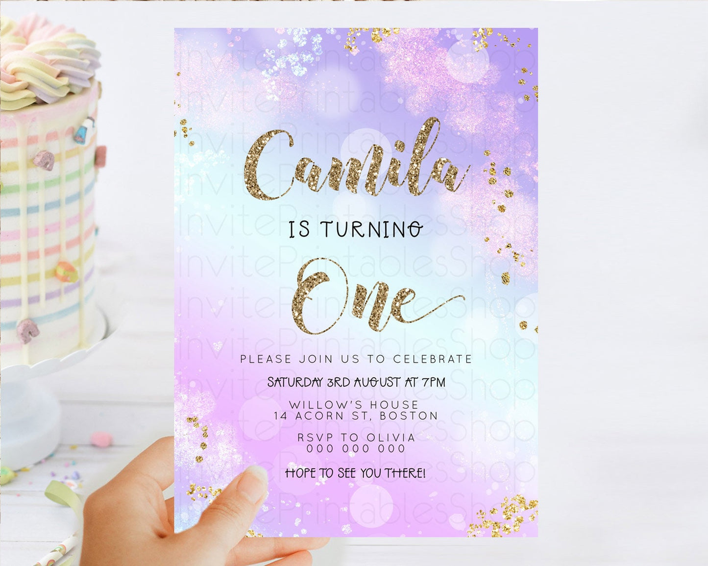 Rainbow Birthday Invitation Colorful Pastel Watercolor Invitation Gold Glitter Sprinkles Ombre Pastel 1st 2nd 3rd Birthday D23130