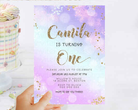 Rainbow Birthday Invitation Colorful Pastel Watercolor Invitation Gold Glitter Sprinkles Ombre Pastel 1st 2nd 3rd Birthday D23130