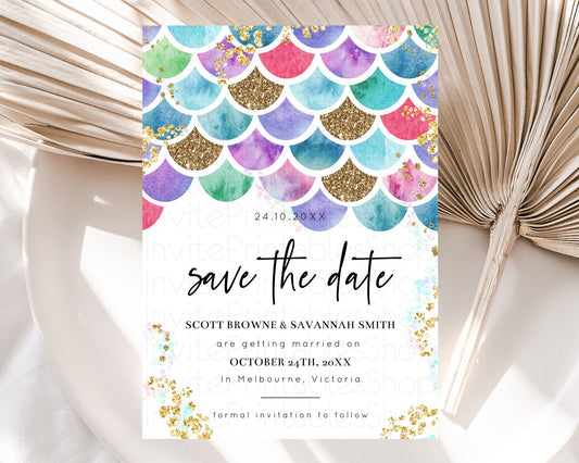 Rainbow Fish Save The Date Template Watercolor Mermaid Rainbow Fish Under Sea Pastel Pool Party For 1st Birthday Baptism Baby Shower D10581