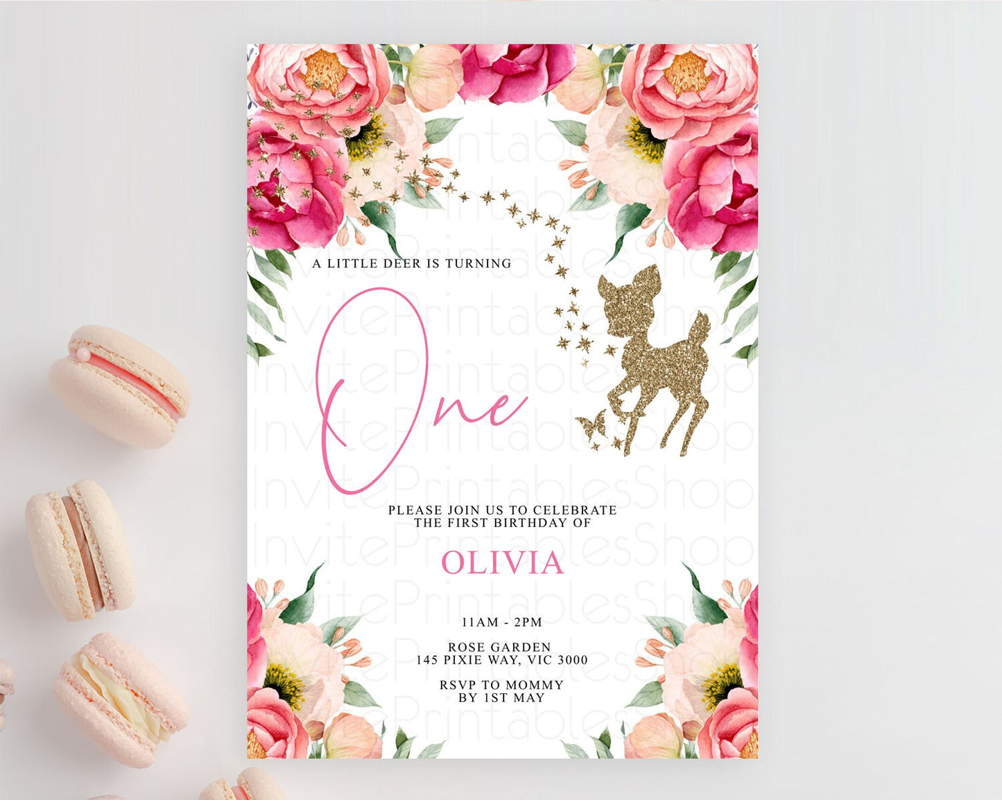 Fawn Birthday Invitation Deer Birthday Invitation Enchanted Forest Party Butterfly Pastel Flowers Whimsical 2nd 1st First Birthday D10326