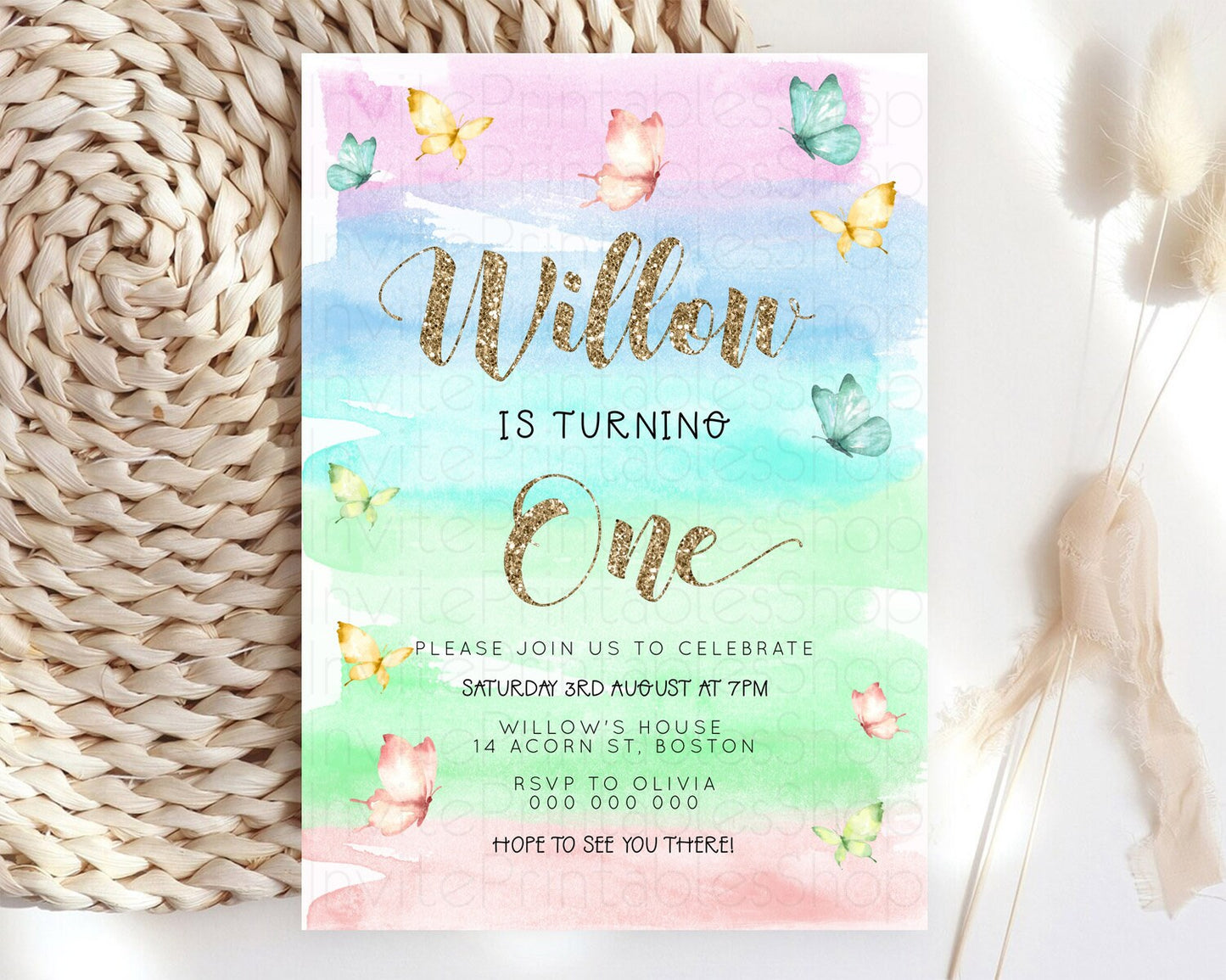 Pastel Butterfly Birthday Invitation Butterfly Birthday Invitation Colorful Splash Glitter Butterfly Garden 1st 2nd Birthday D23226