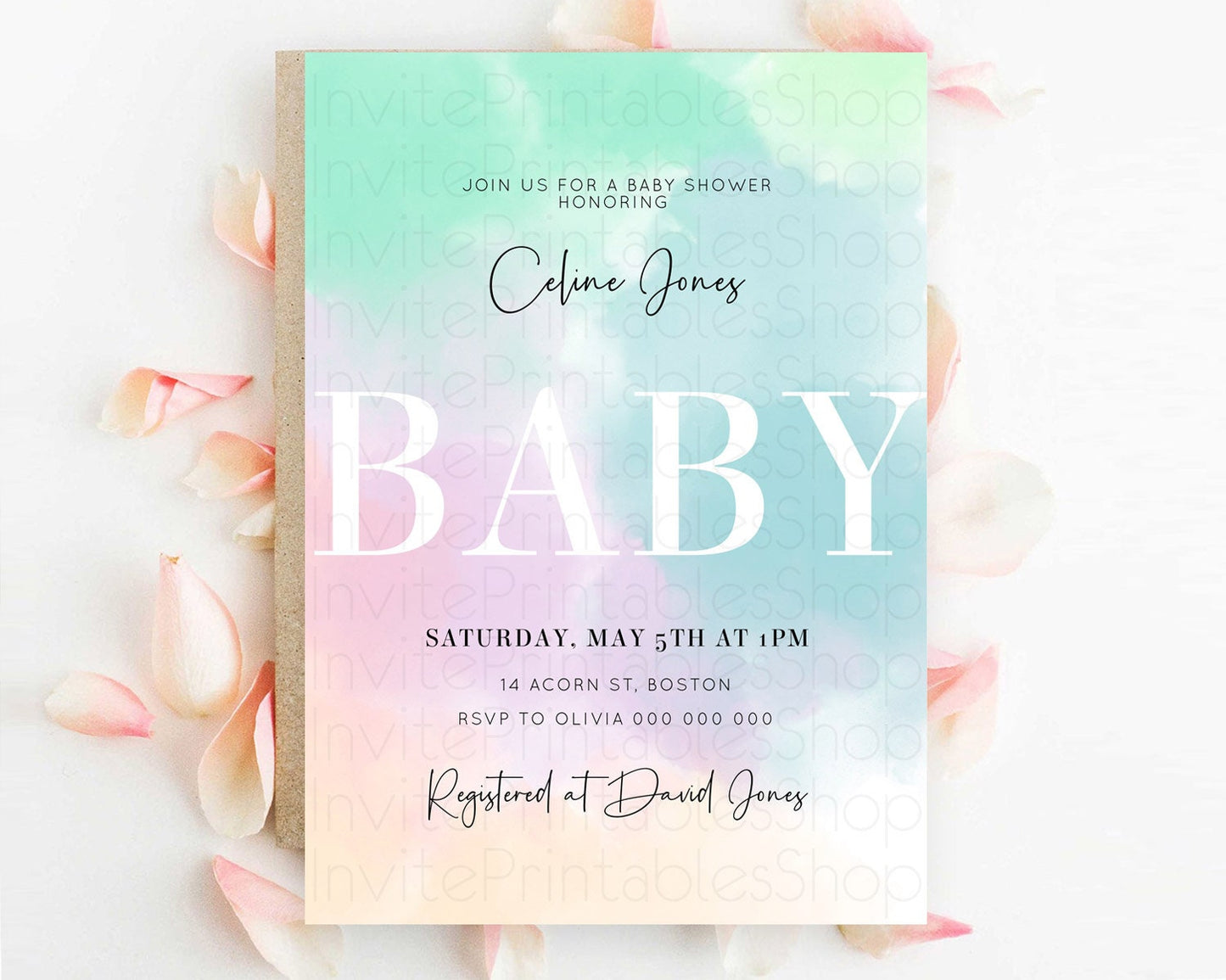 Pastel Rainbow Baby Shower Invitation: Colorful Watercolor with Gold Glitter and Ombre, Clouds - Blue Green Pink Theme Gender Reveal D10375