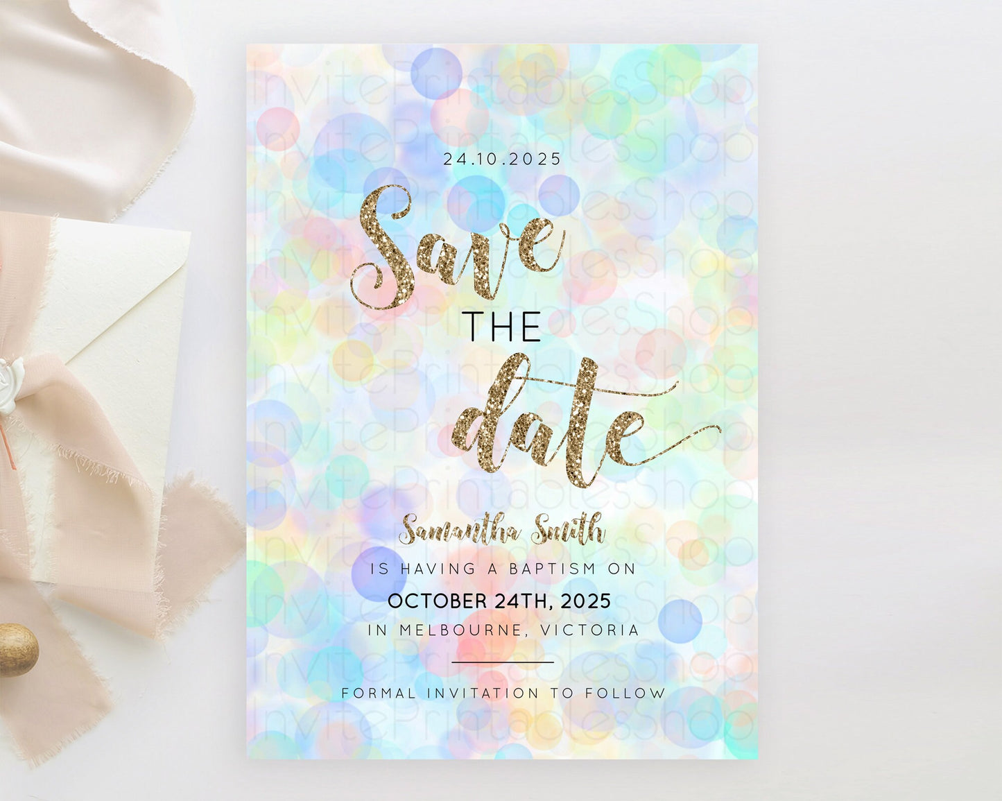 Pastel Bubbles Save The Date Template Bubble Bath Party Rainbow Colorful Confetti Sprinkles 1st Birthday Baby Shower Baptism Wedding D10447