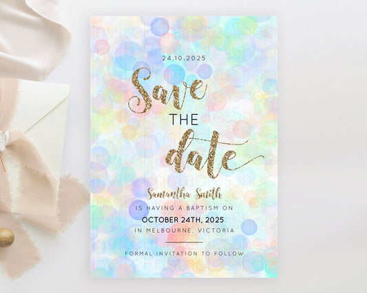 Pastel Bubbles Save The Date Template Bubble Bath Party Rainbow Colorful Confetti Sprinkles 1st Birthday Baby Shower Baptism Wedding D10447