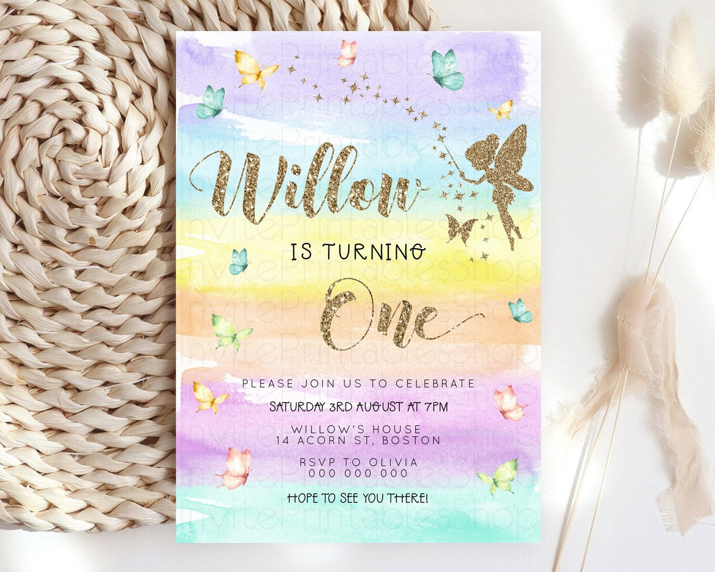 Pastel Fairy Birthday Invitation Pastel Butterflies Fairy Birthday Invitation Rainbow Ombre Watercolor 1st 2nd Birthday Invitation D23315