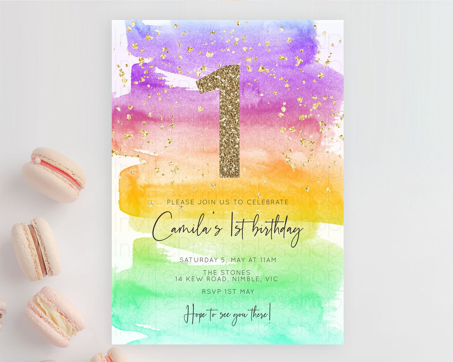 Rainbow Birthday Invitation Colorful Pastel Watercolor Invitation Gold Glitter Sprinkles Ombre Pastel 1st 2nd 3rd Birthday D10524