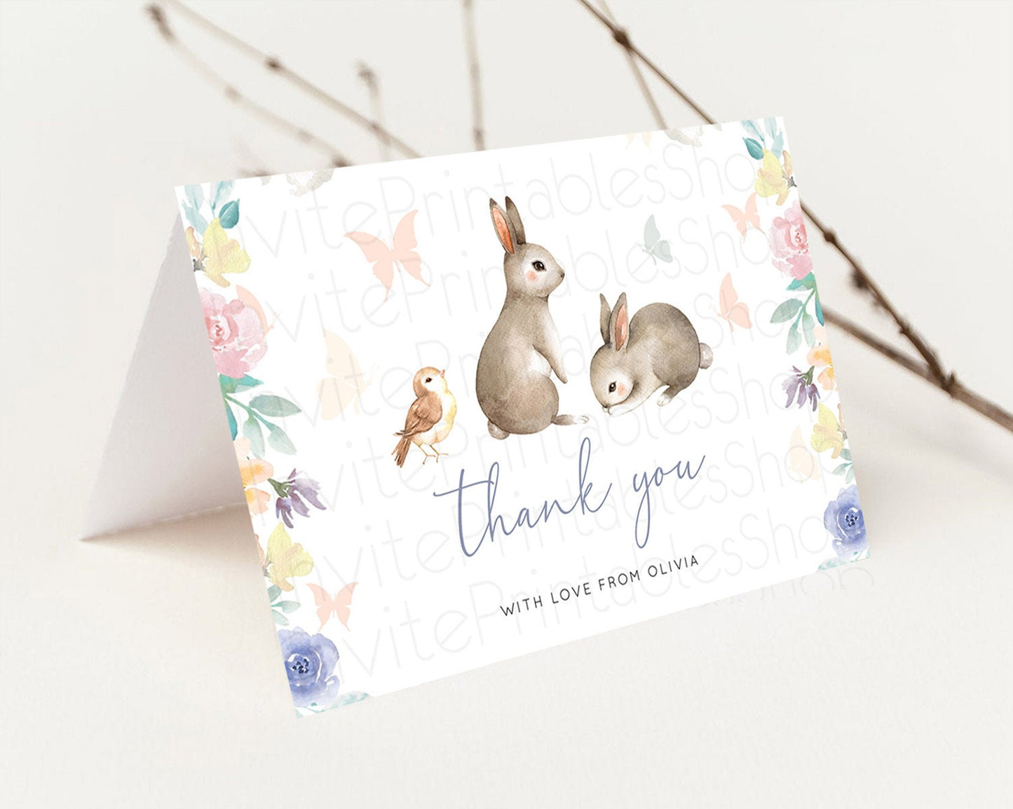 Bunny Thank You Floral Bunny Thank You Card Pastel Flowers Bunny Birthday Thank You Card Secret Garden Bunny Teacher Thank You Cards D10928