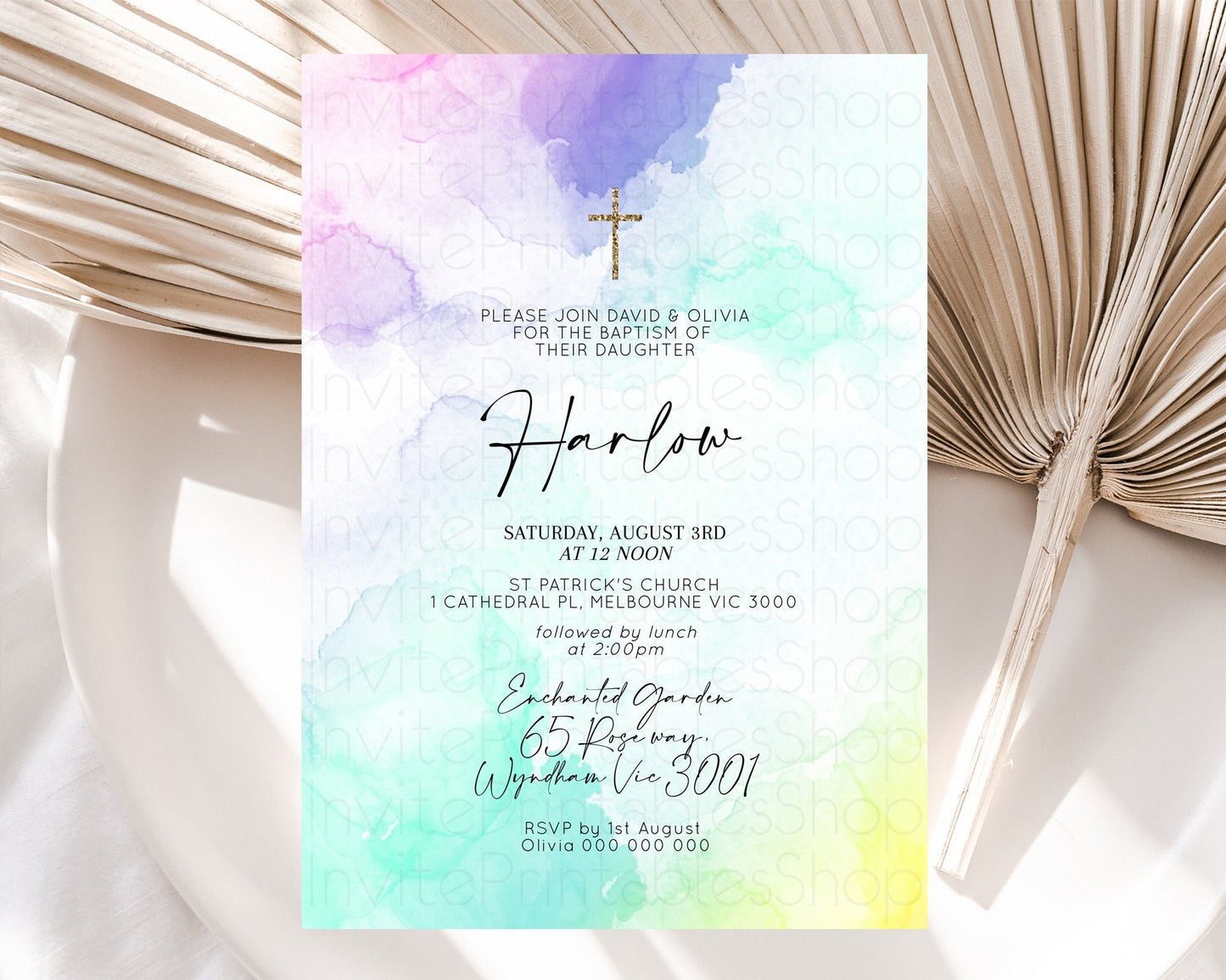 Pastel Baptism Invitation Pastel Colors Watercolor Baptism 1st Birthday Party Gold Ombre Pastel Rainbow Christening Holy Communion D10157