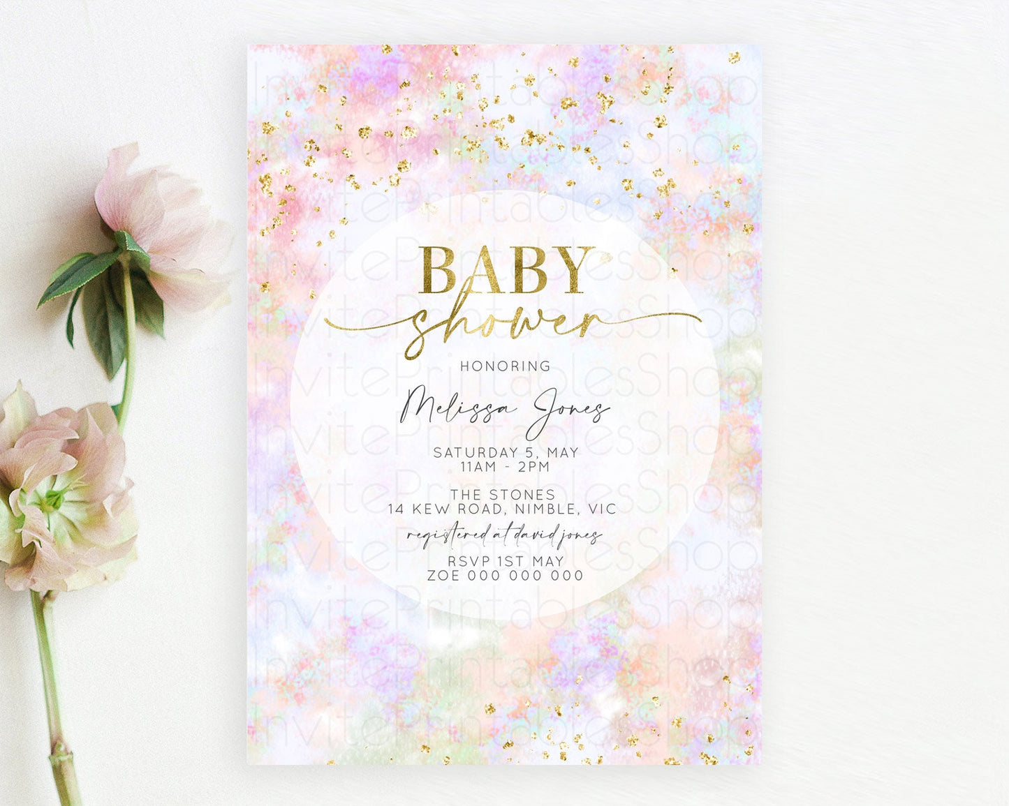 Pastel Baby Shower Invitation Rainbow Baby Shower Invitation Colorful Pastel Watercolor Invitation Gold Glitter Sprinkles Ombre D10649